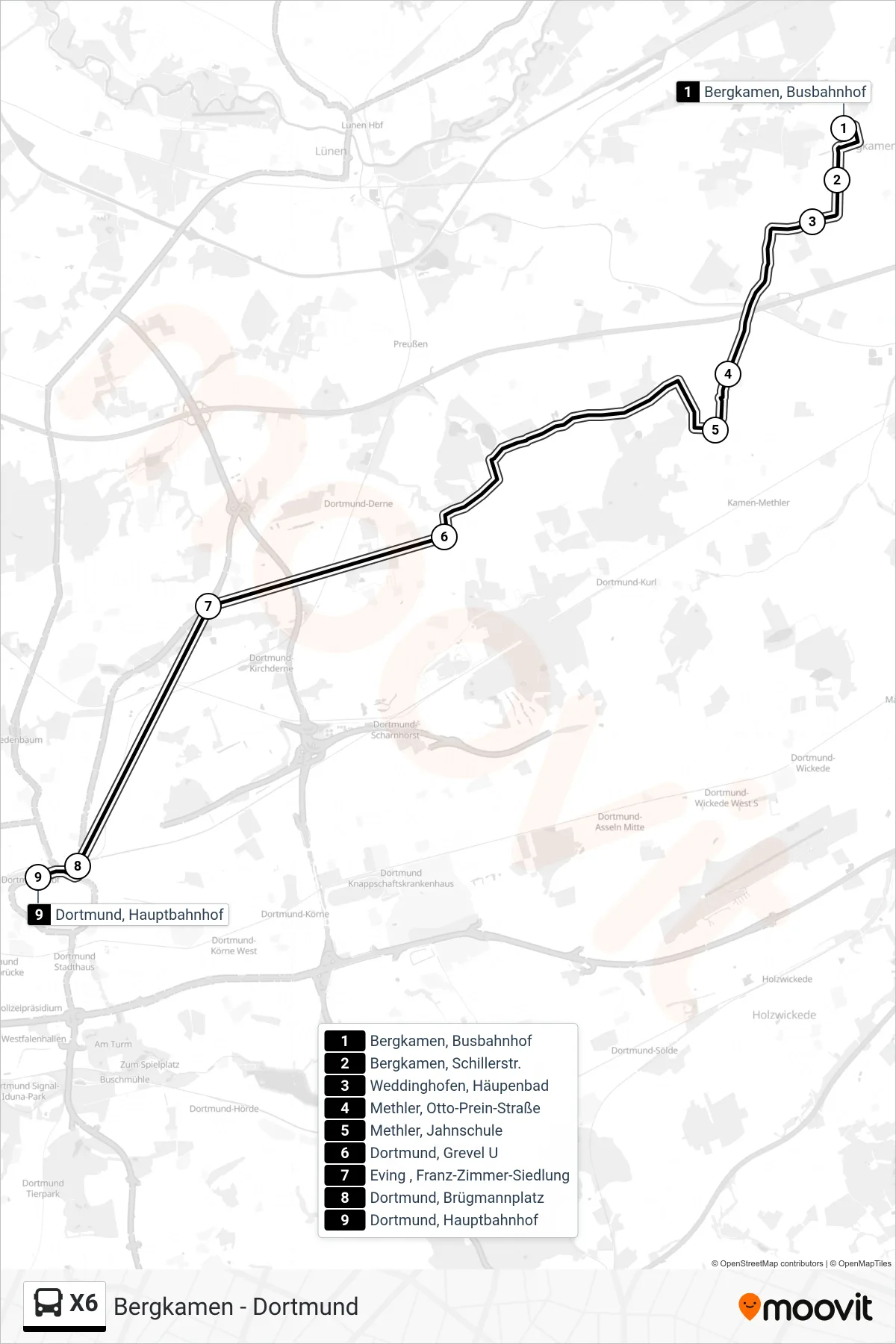 Linie X6 (Bus) Richtung Dortmund, Hauptbahnhof: Route und Haltestellen auf der Karte