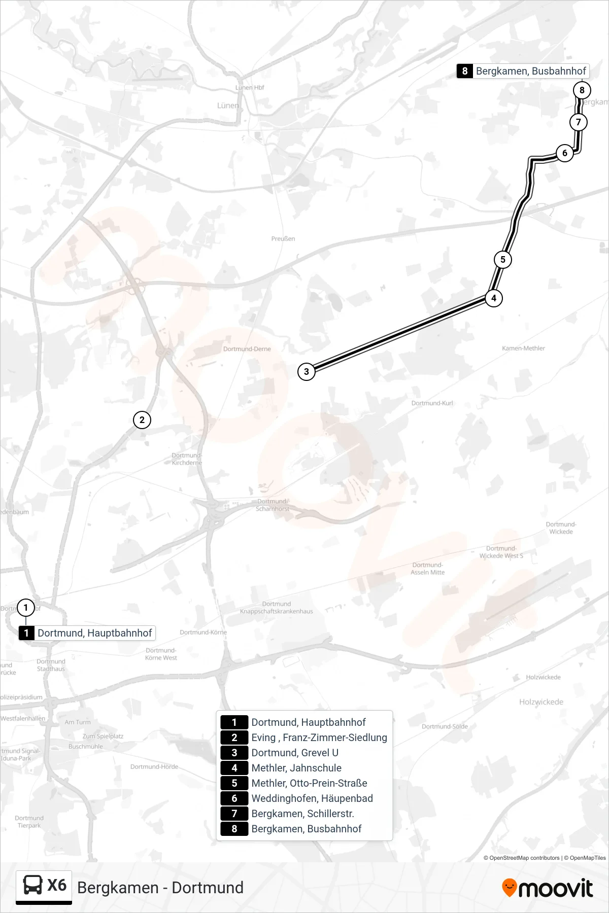 Linie X6 (Bus) Richtung Bergkamen, Busbahnhof Bstg C: Route und Haltestellen auf der Karte