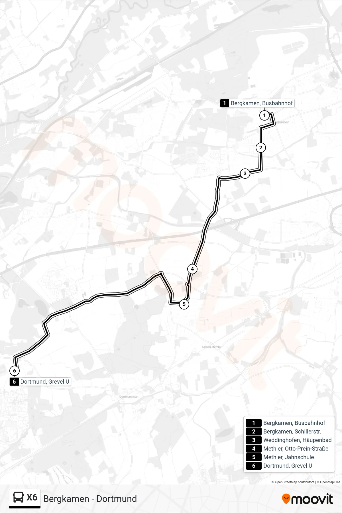Linie X6 (Bus) Richtung Dortmund, Grevel U: Route und Haltestellen auf der Karte