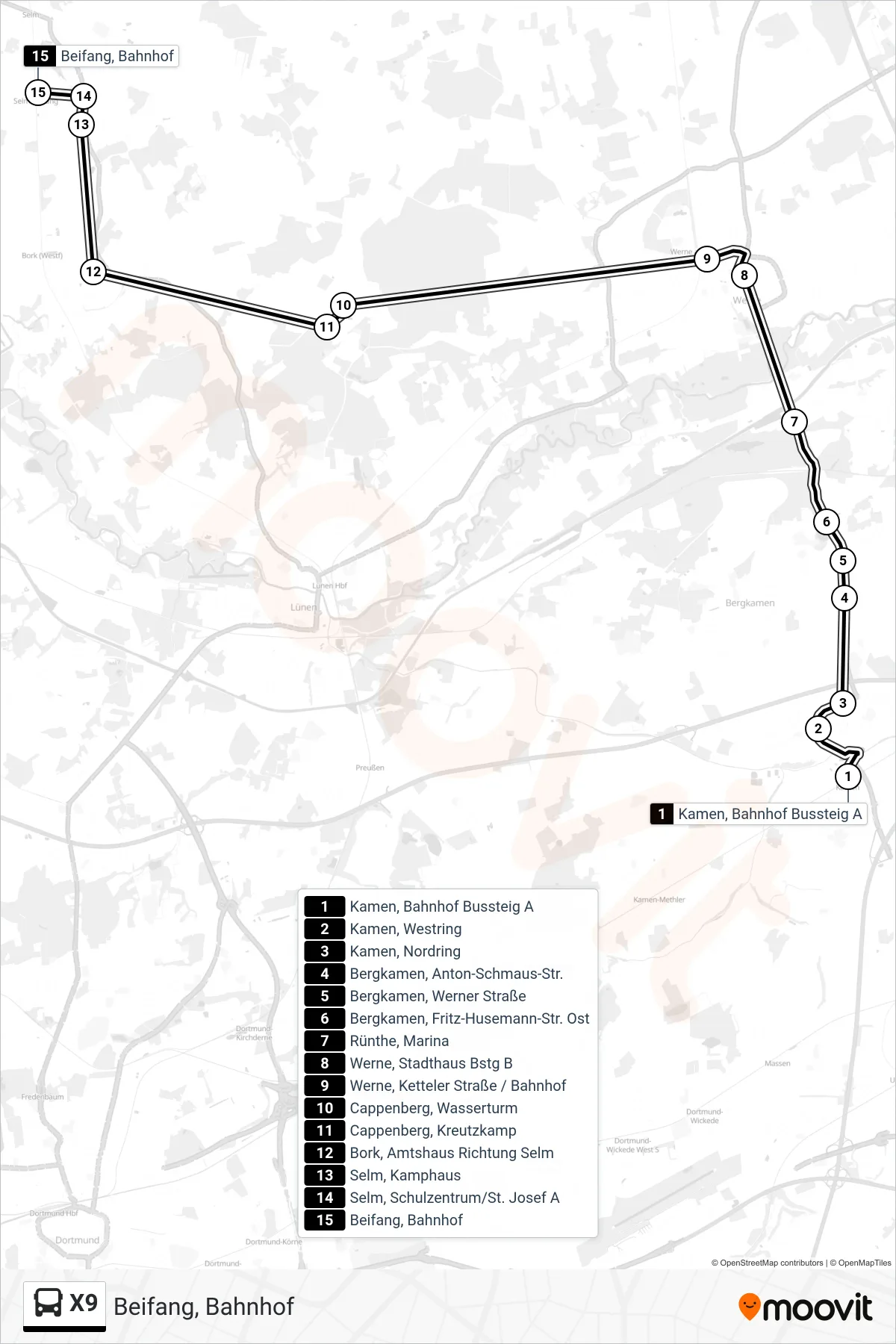 Linie X9 (Bus) Richtung Beifang, Bahnhof: Route und Haltestellen auf der Karte
