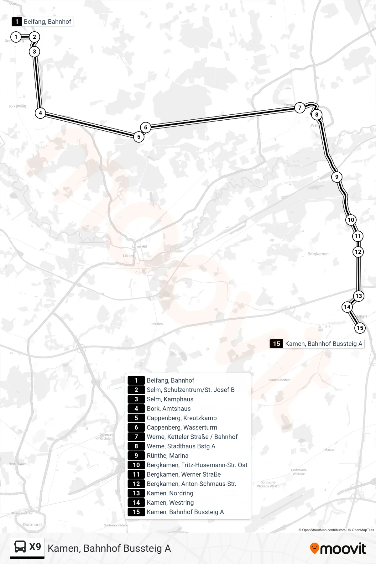 Linie X9 (Bus) Richtung Kamen, Bahnhof Bussteig A: Route und Haltestellen auf der Karte