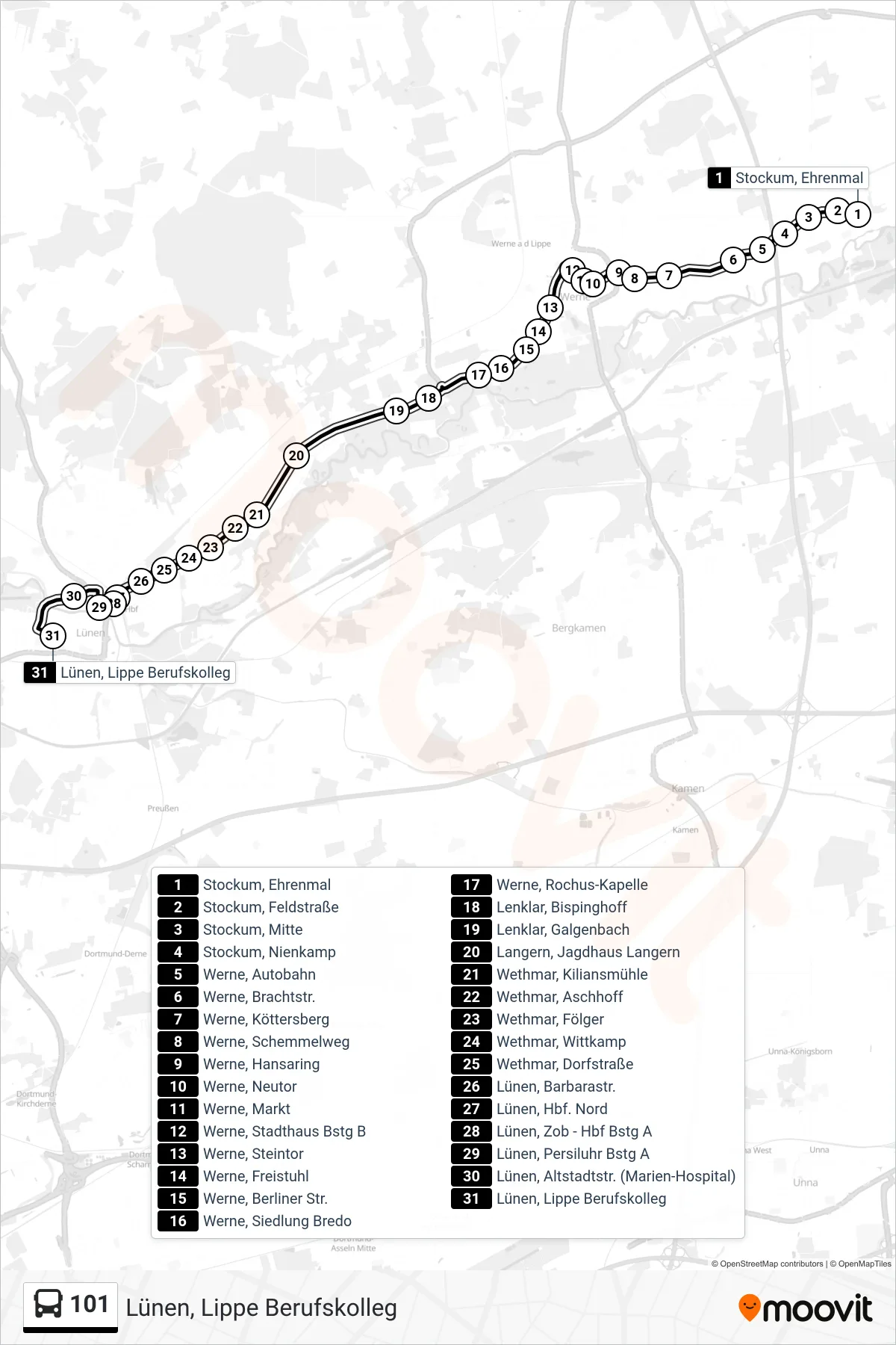 101 bus Line (Lünen, Lippe Berufskolleg) route and stops on a map