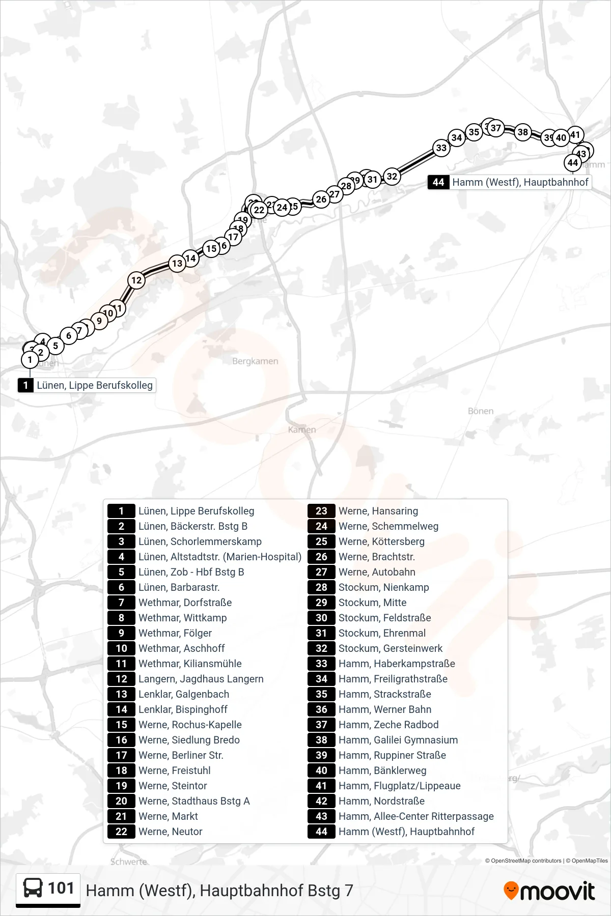 Linie 101 (Bus) Richtung Hamm (Westf), Hauptbahnhof Bstg 7: Route und Haltestellen auf der Karte