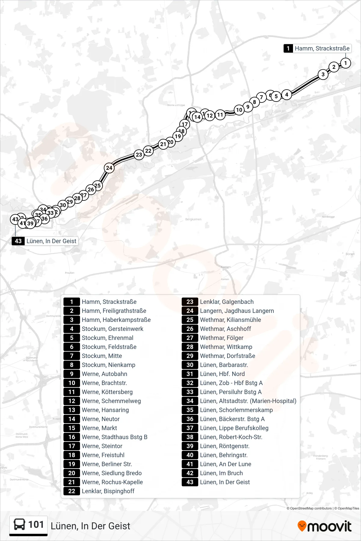 Linie 101 (Bus) Richtung Lünen, In Der Geist: Route und Haltestellen auf der Karte