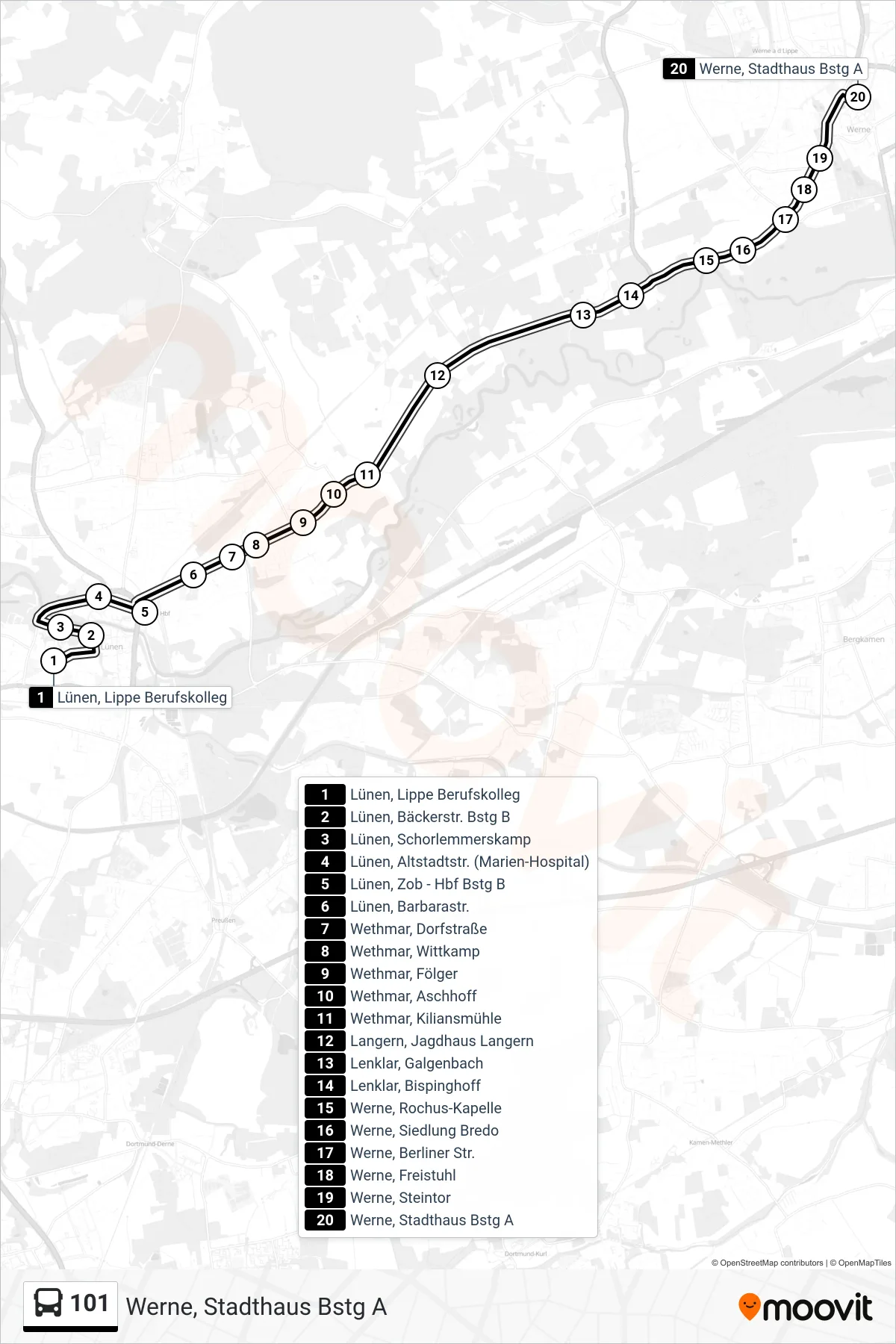 Linie 101 (Bus) Richtung Werne, Stadthaus Bstg A: Route und Haltestellen auf der Karte