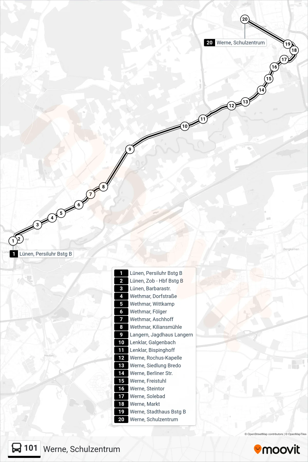 101 bus Line (Werne, Schulzentrum) route and stops on a map