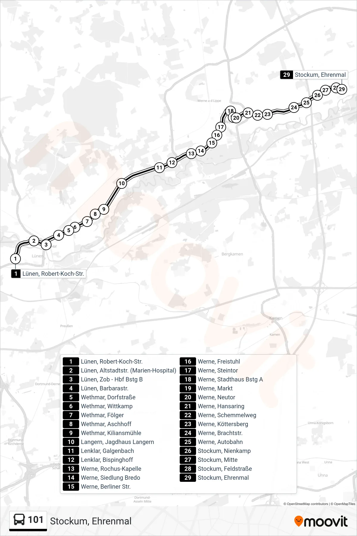 101 bus Line (Stockum, Ehrenmal) route and stops on a map