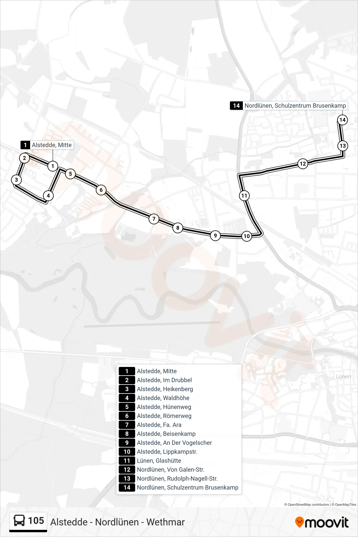 Linie 105 (Bus) Richtung Nordlünen, Schulzentrum Brusenkamp: Route und Haltestellen auf der Karte