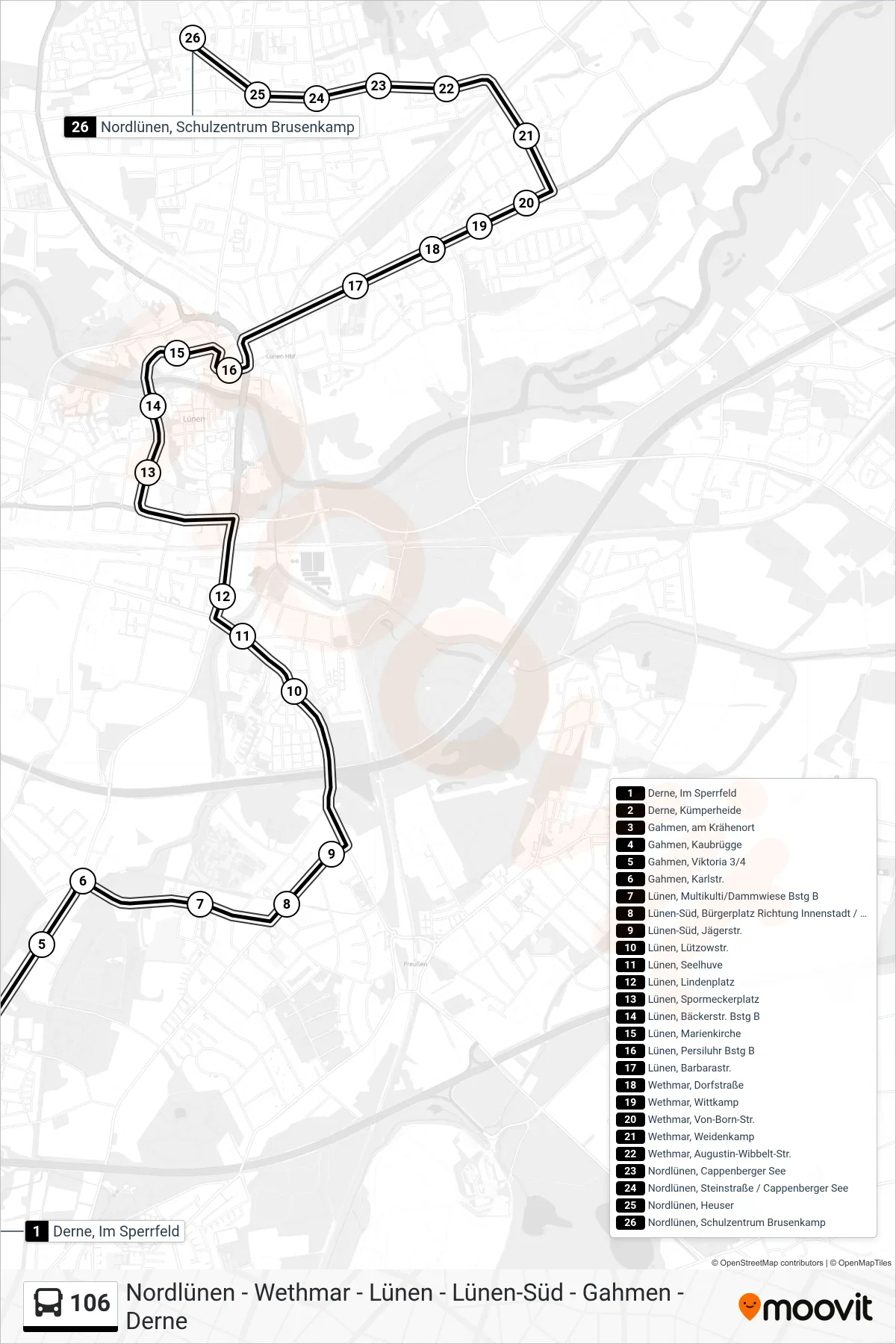106 bus Line (Nordlünen, Schulzentrum Brusenkamp) route and stops on a map