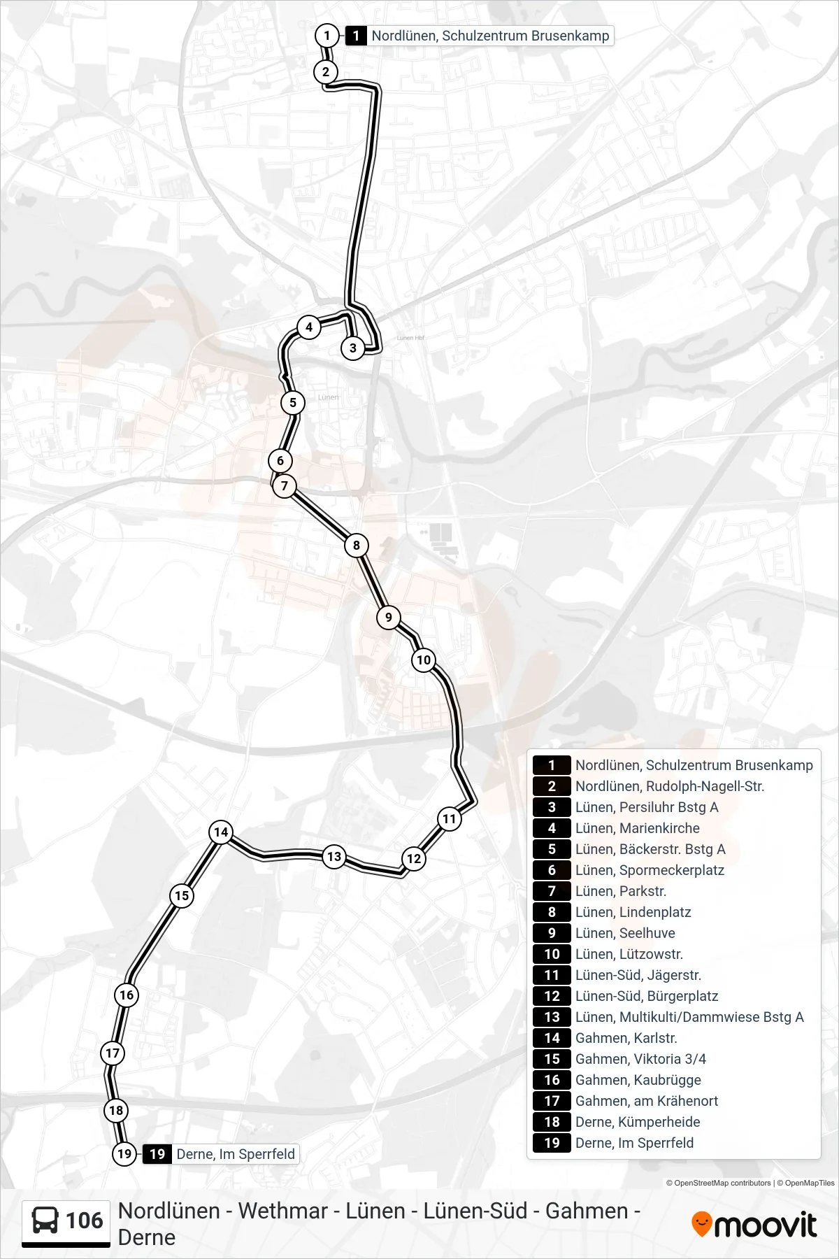Linie 106 (Bus) Richtung Derne, Im Sperrfeld: Route und Haltestellen auf der Karte