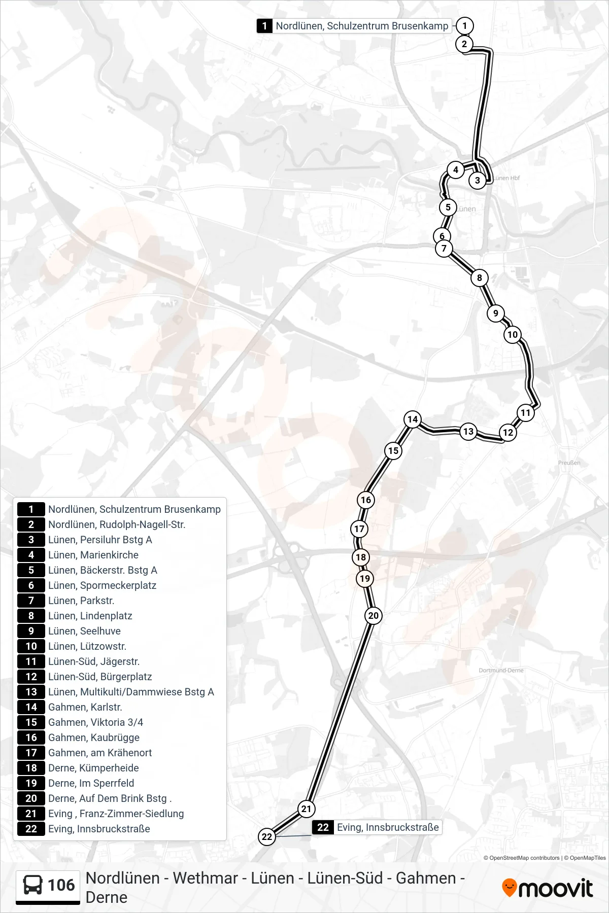 Linie 106 (Bus) Richtung Eving, Innsbruckstraße: Route und Haltestellen auf der Karte