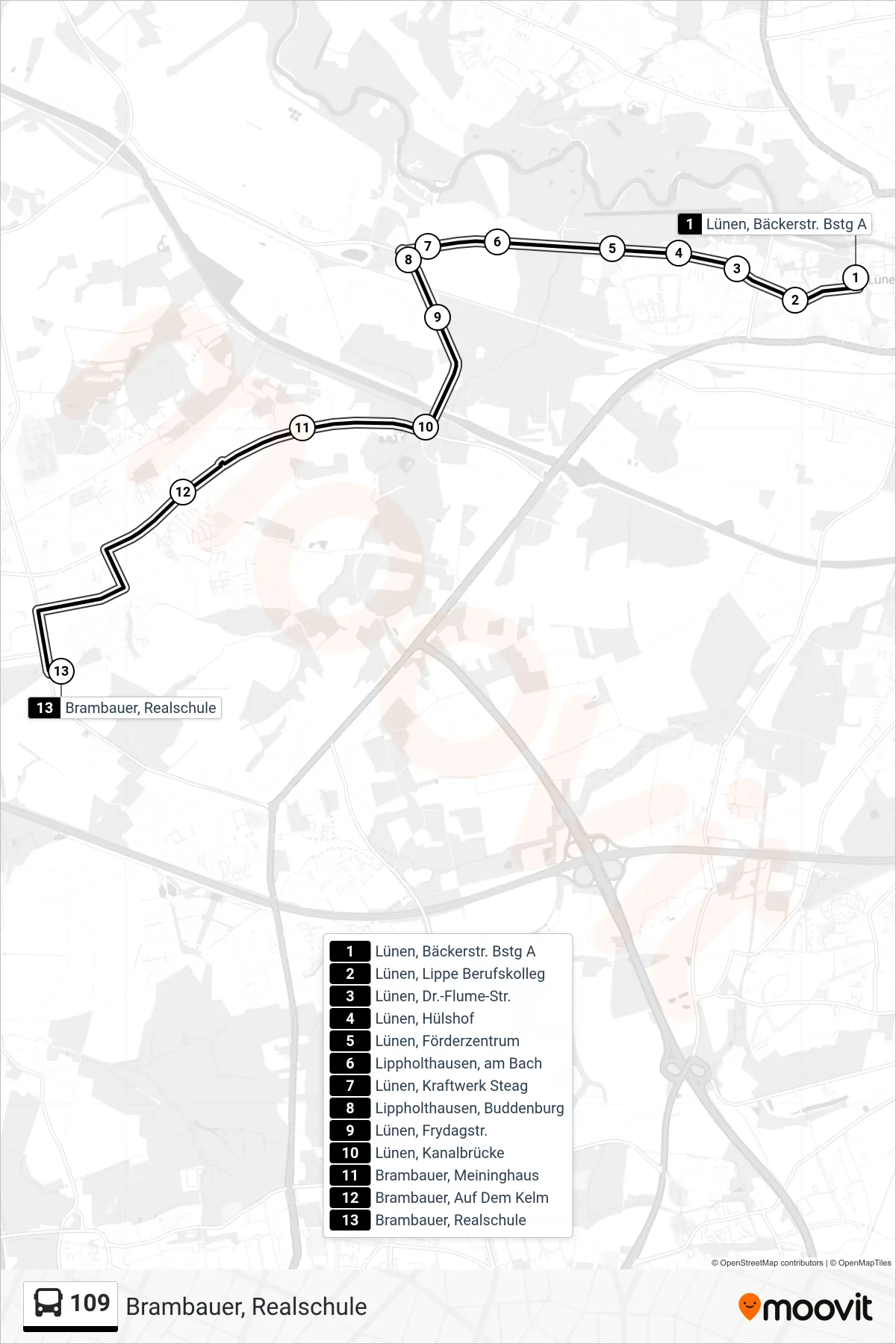 Linie 109 (Bus) Richtung Brambauer, Realschule: Route und Haltestellen auf der Karte