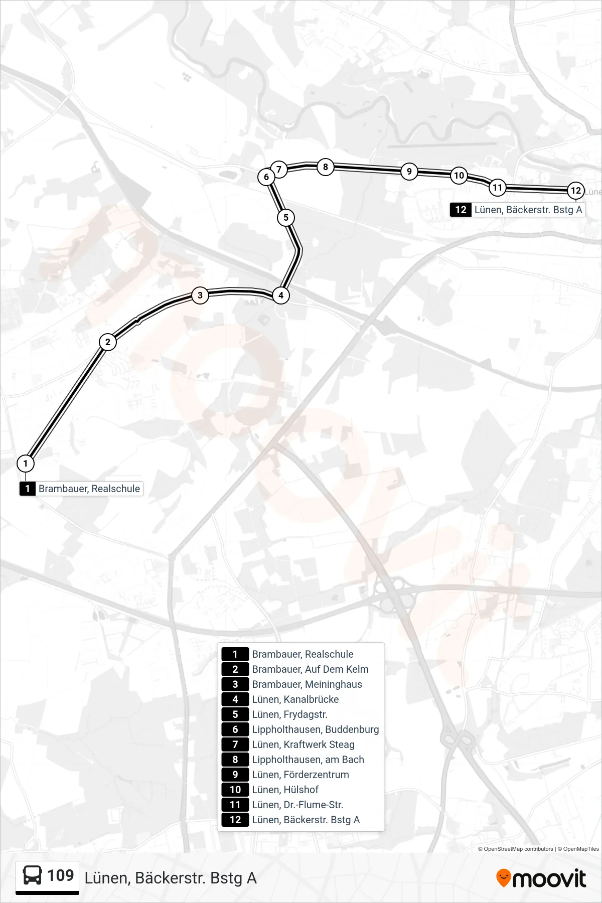 Linie 109 (Bus) Richtung Lünen, Bäckerstr. Bstg A: Route und Haltestellen auf der Karte