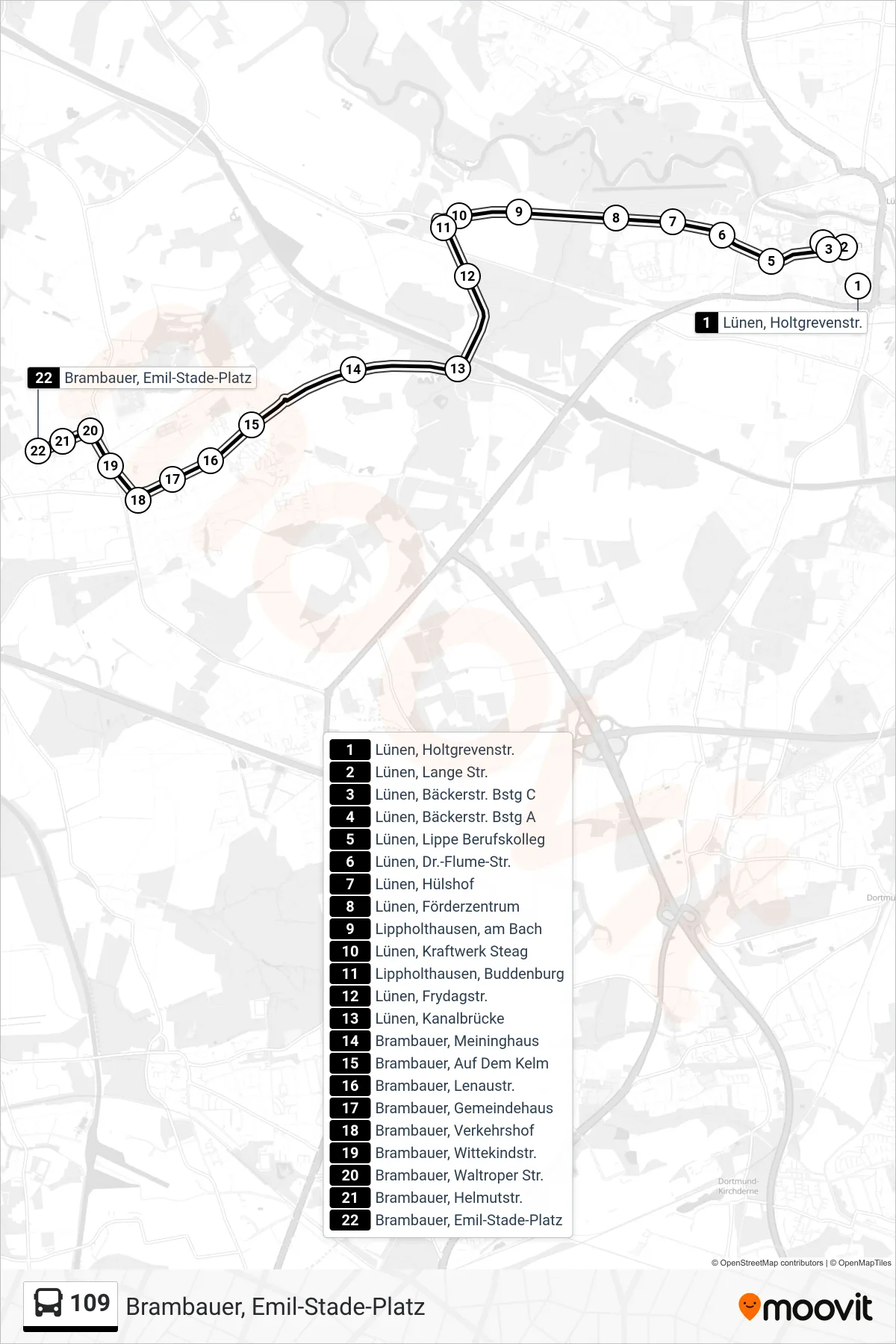 Linie 109 (Bus) Richtung Brambauer, Emil-Stade-Platz: Route und Haltestellen auf der Karte