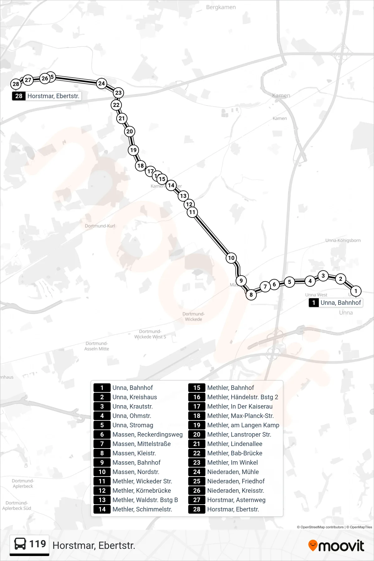 Linie 119 (Bus) Richtung Horstmar, Ebertstr.: Route und Haltestellen auf der Karte