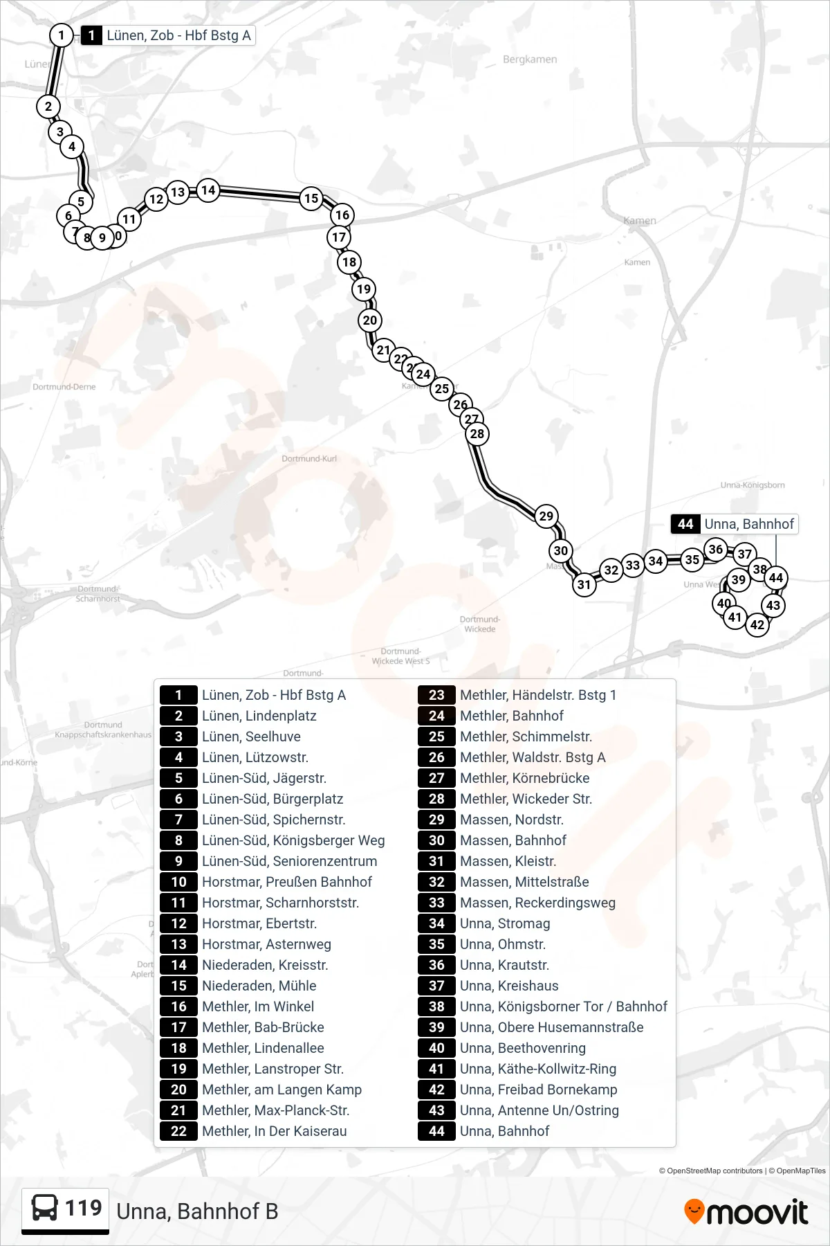 Linie 119 (Bus) Richtung Unna, Bahnhof B: Route und Haltestellen auf der Karte