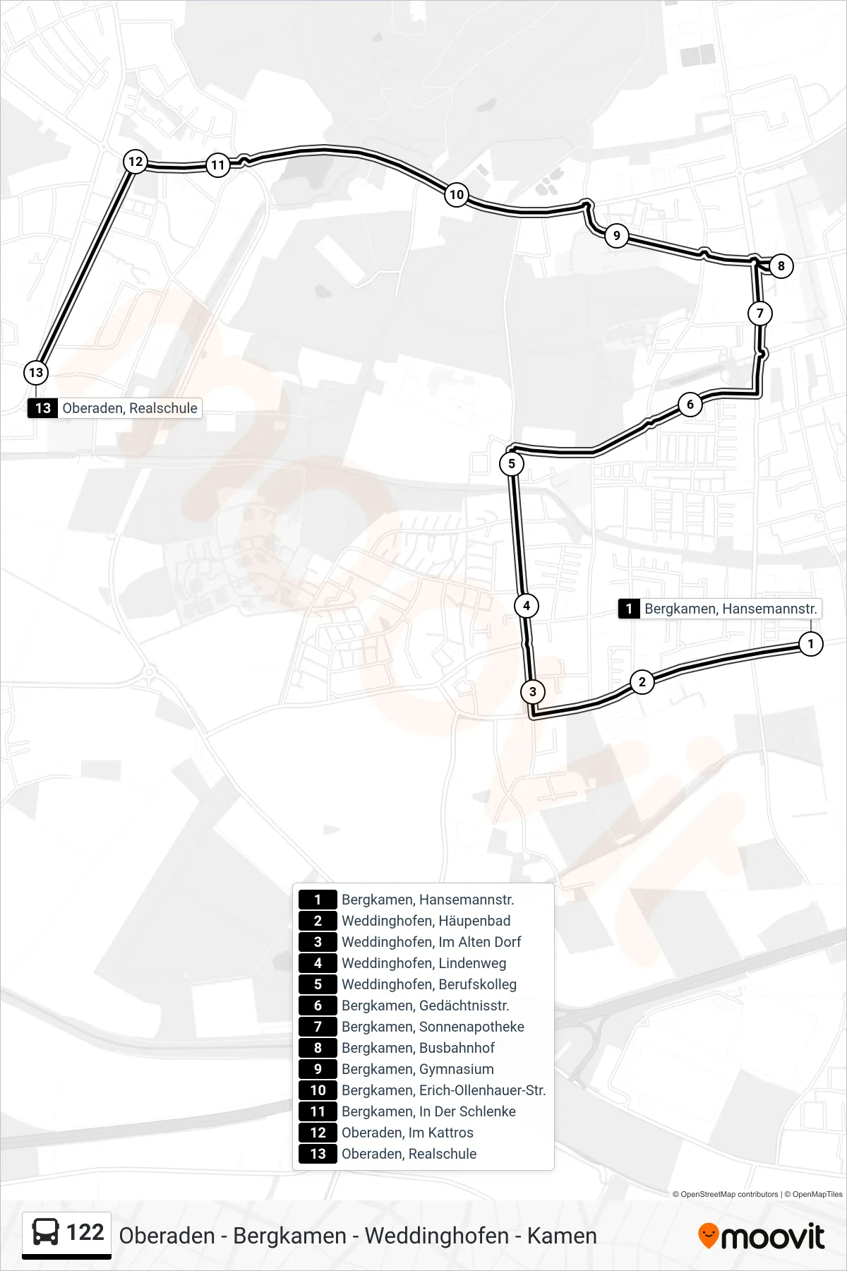 122 bus Line (Oberaden, Realschule) route and stops on a map