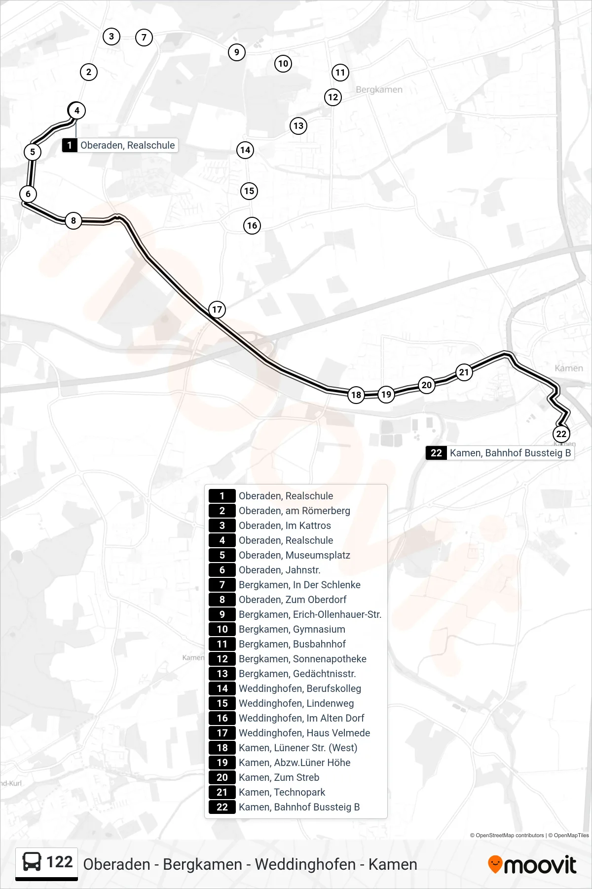 Linie 122 (Bus) Richtung Kamen, Bahnhof Bussteig B: Route und Haltestellen auf der Karte
