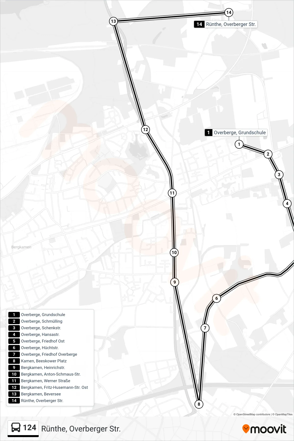 Linie 124 (Bus) Richtung Rünthe, Overberger Str.: Route und Haltestellen auf der Karte