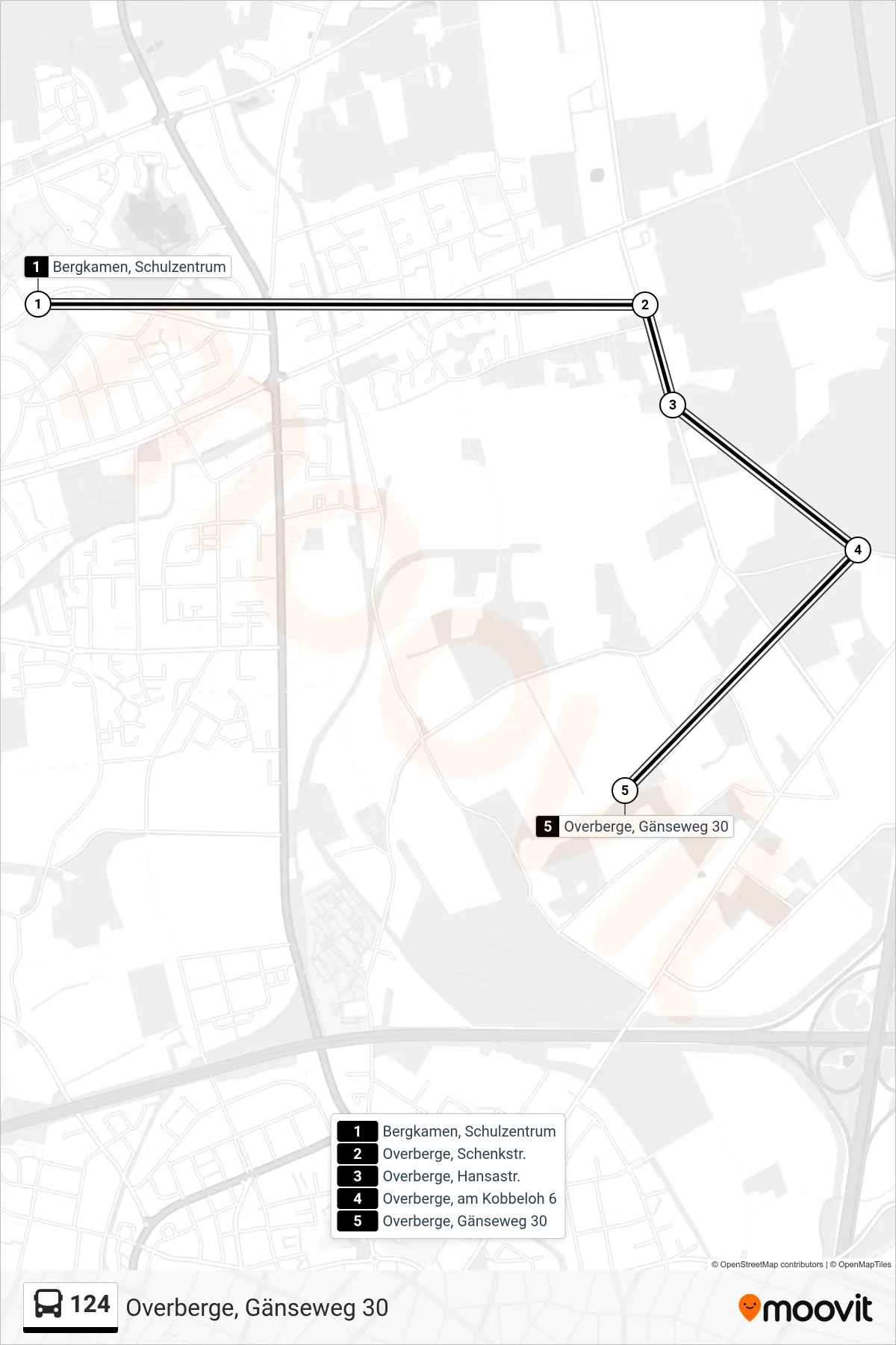 Linie 124 (Bus) Richtung Overberge, Gänseweg 30: Route und Haltestellen auf der Karte