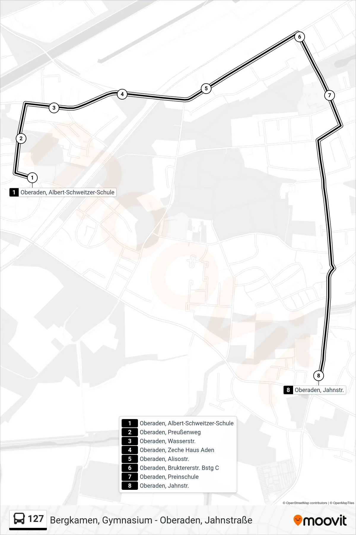 127 bus Line (Oberaden, Jahnstr.) route and stops on a map