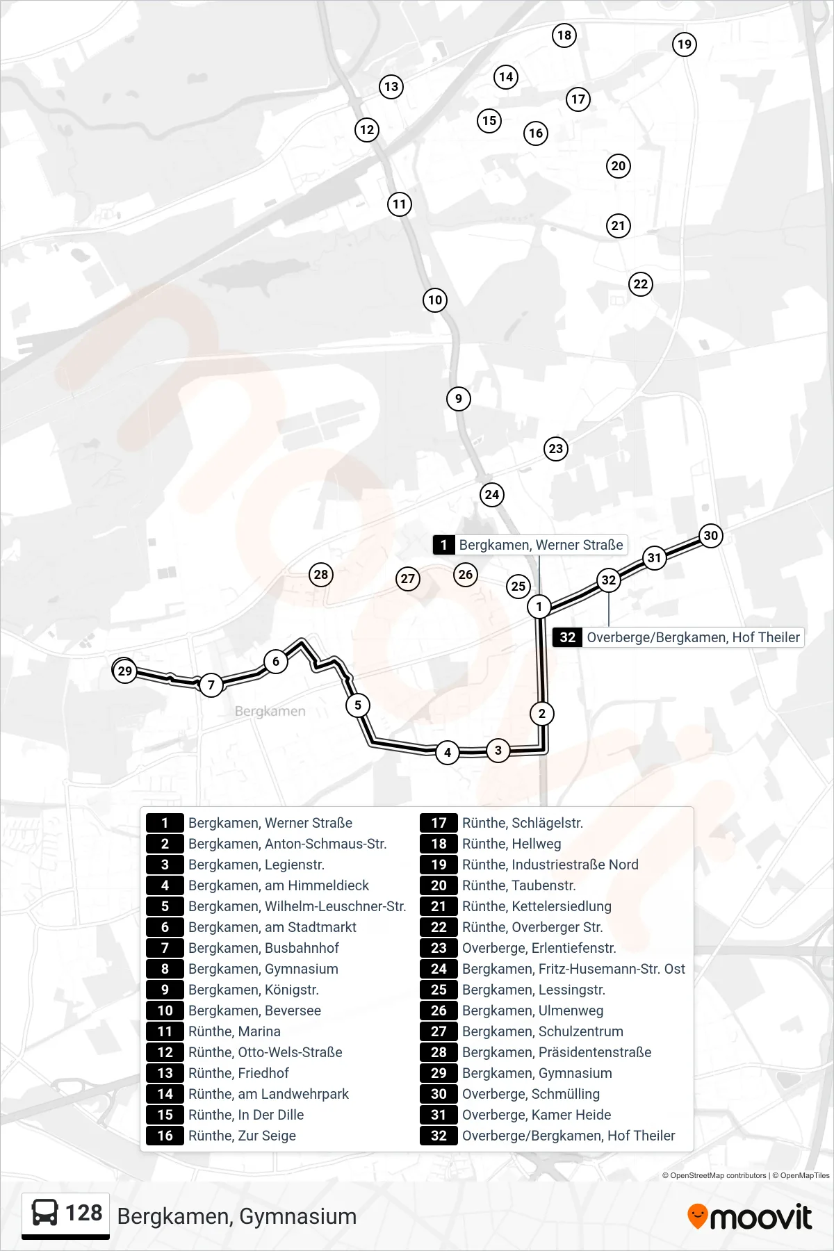 Linie 128 (Bus) Richtung Bergkamen, Gymnasium: Route und Haltestellen auf der Karte