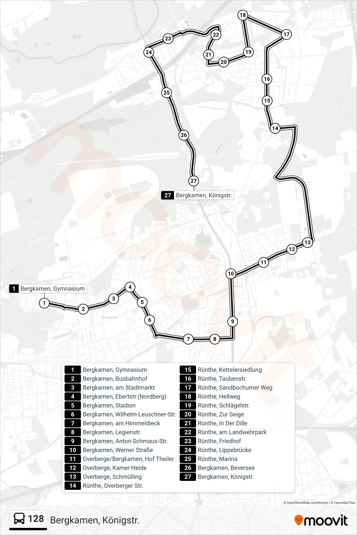 Linie 128 (Bus) Richtung Bergkamen, Königstr.: Route und Haltestellen auf der Karte