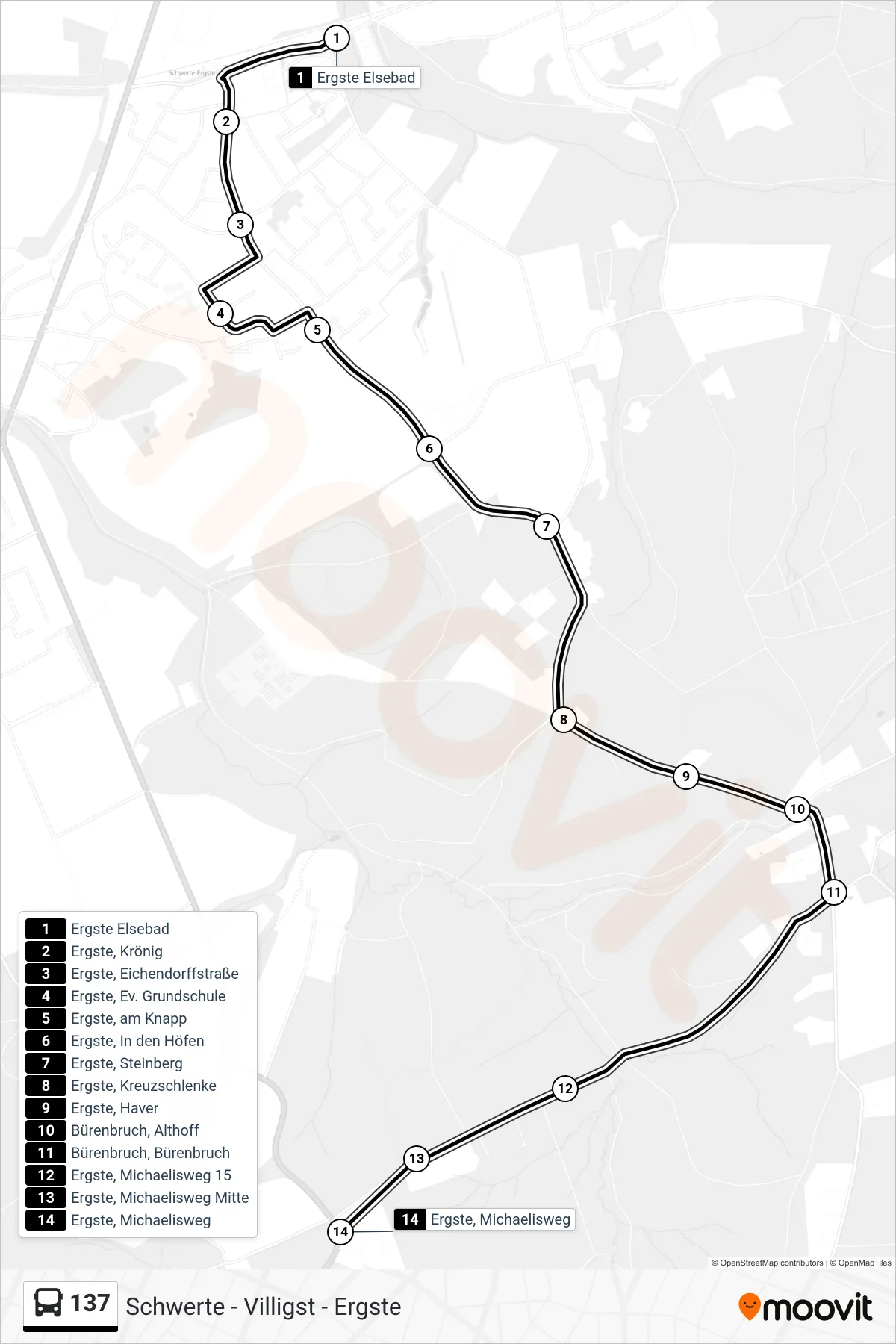 Linie 137 (Bus) Richtung Ergste, Michaelisweg: Route und Haltestellen auf der Karte
