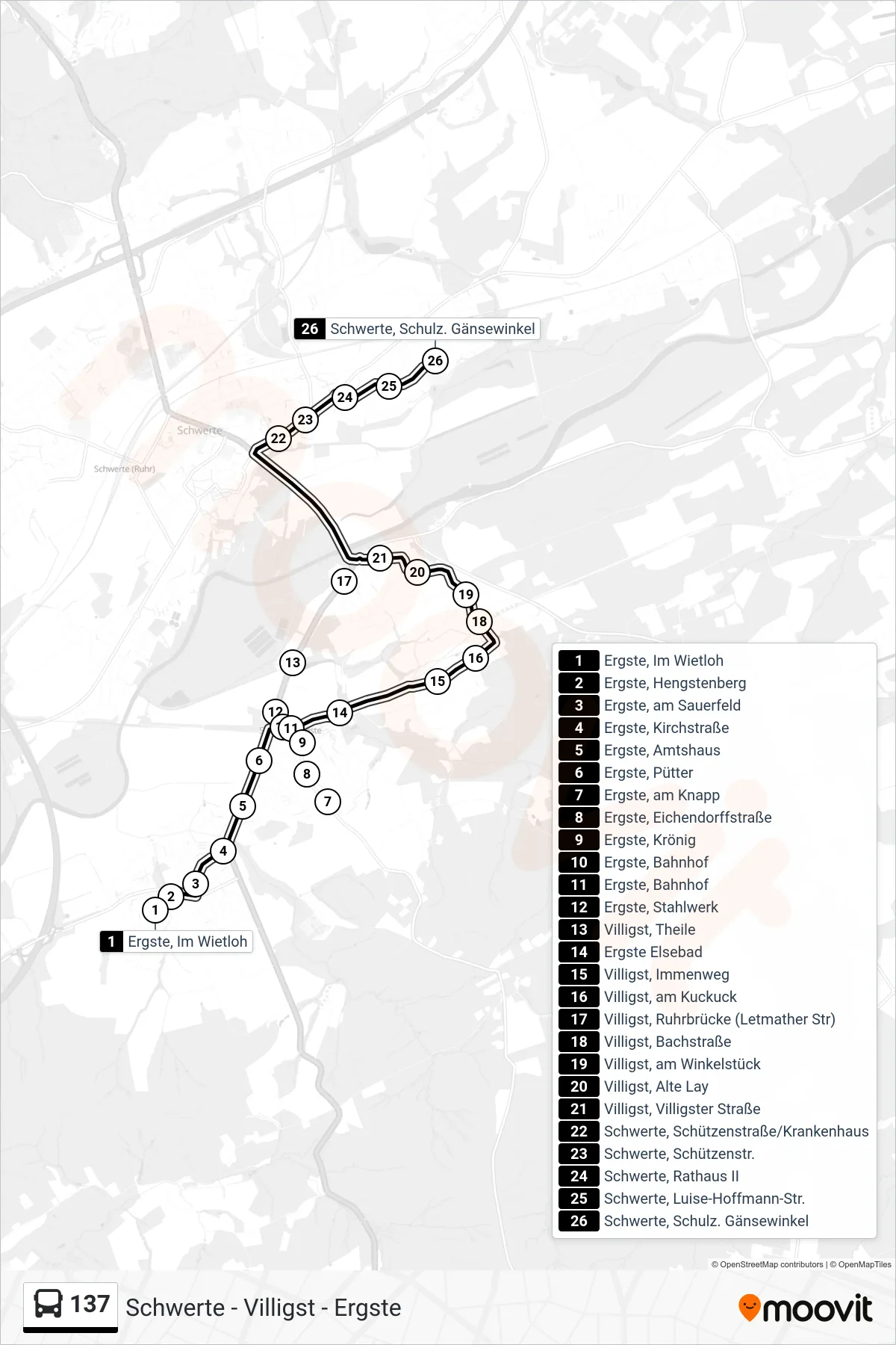 Linie 137 (Bus) Richtung Schwerte, Schulz. Gänsewinkel: Route und Haltestellen auf der Karte