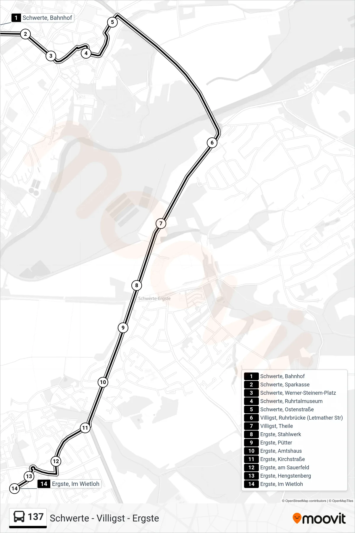 137 bus Line (Ergste, Im Wietloh) route and stops on a map