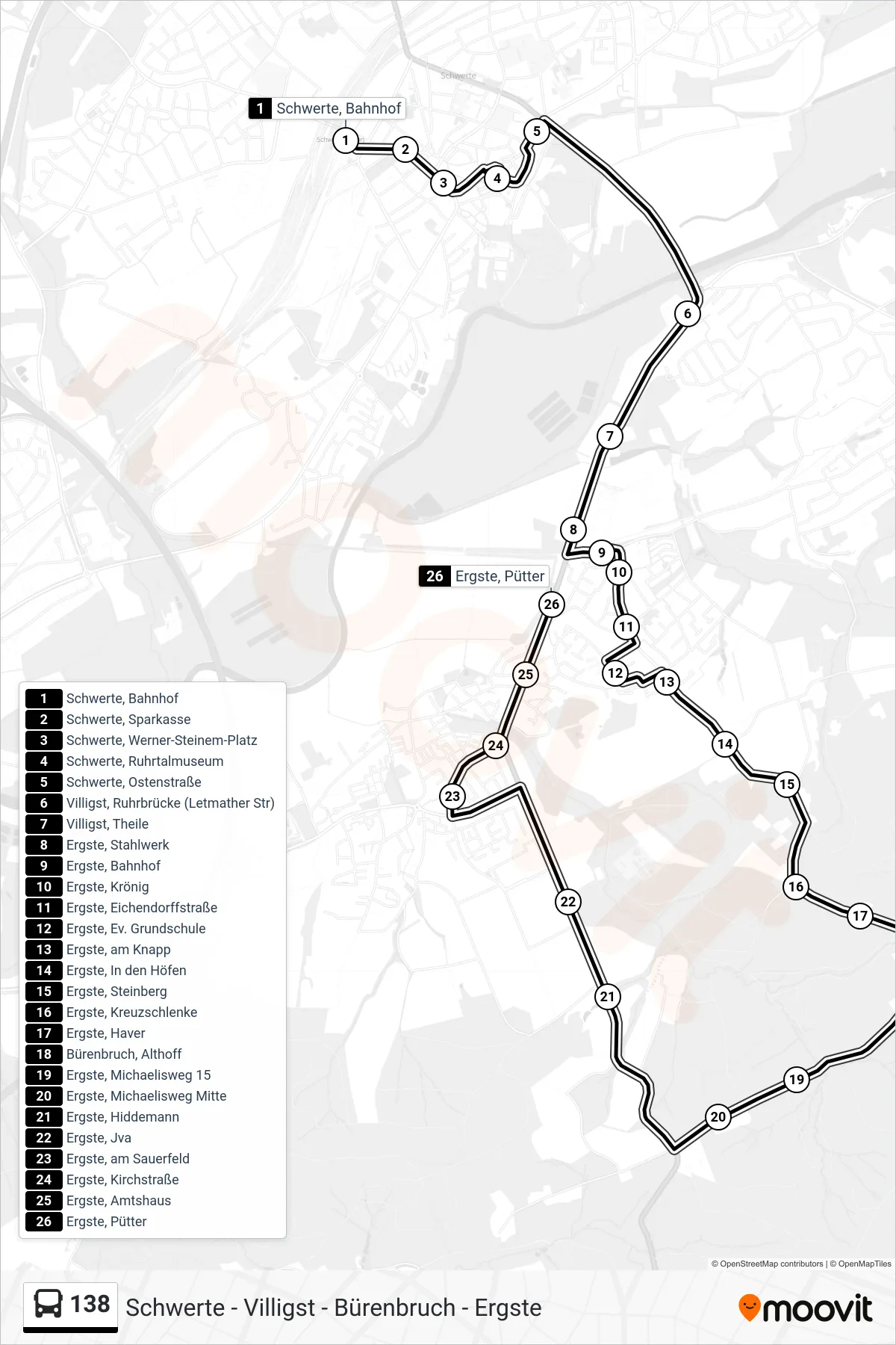 138 bus Line (Ergste, Pütter) route and stops on a map