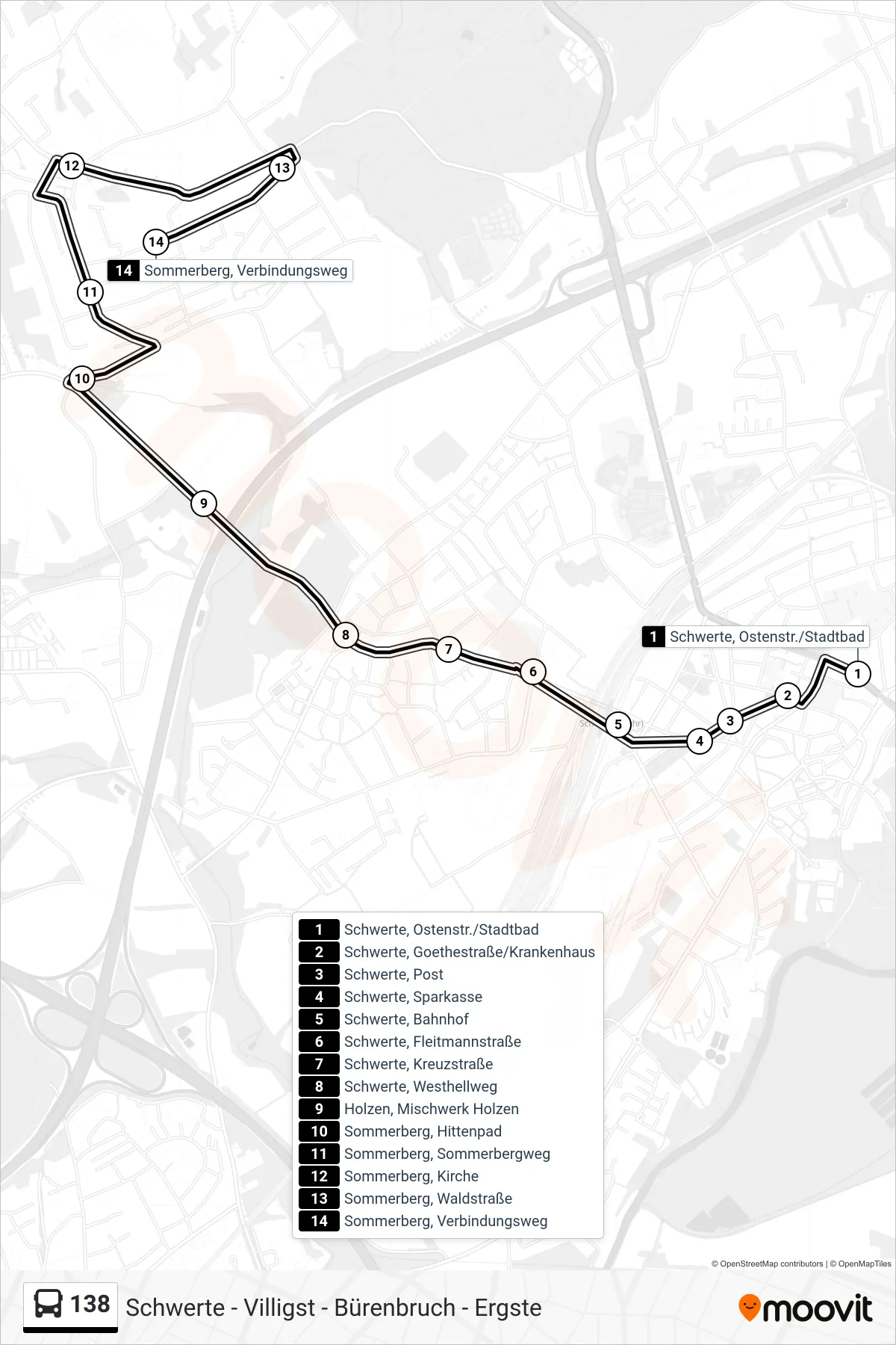 Linie 138 (Bus) Richtung Sommerberg, Verbindungsweg: Route und Haltestellen auf der Karte