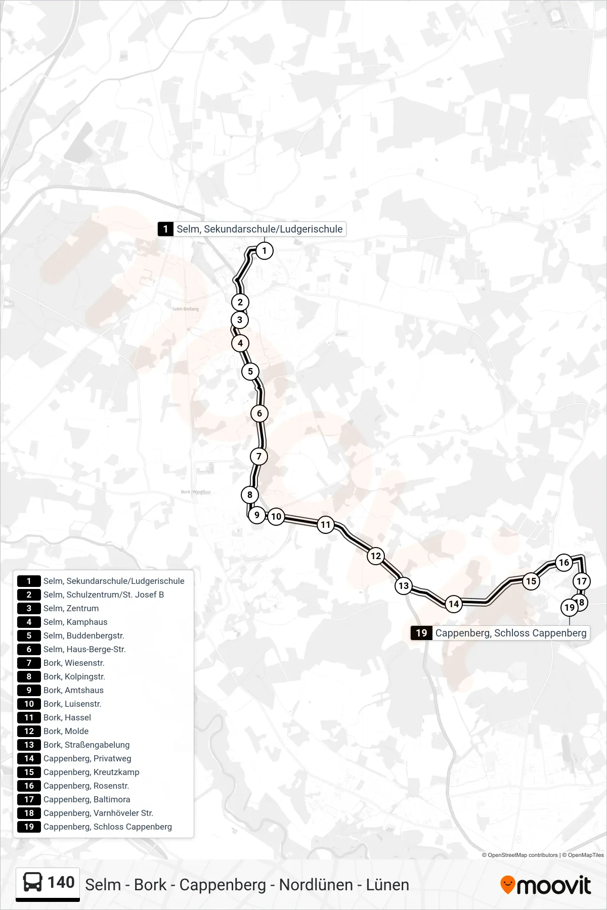 140 bus Line (Cappenberg, Schloss Cappenberg) route and stops on a map