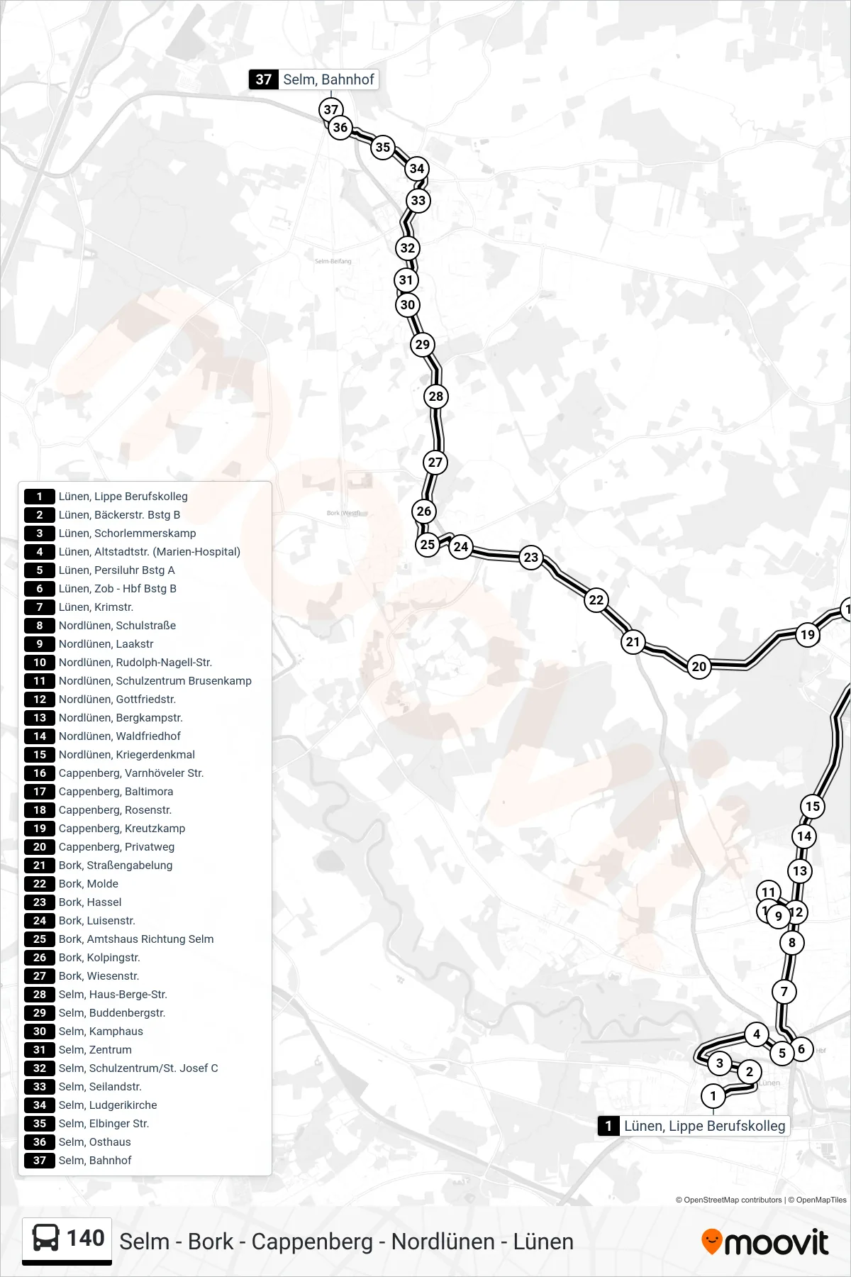 Linie 140 (Bus) Richtung Selm, Bahnhof: Route und Haltestellen auf der Karte