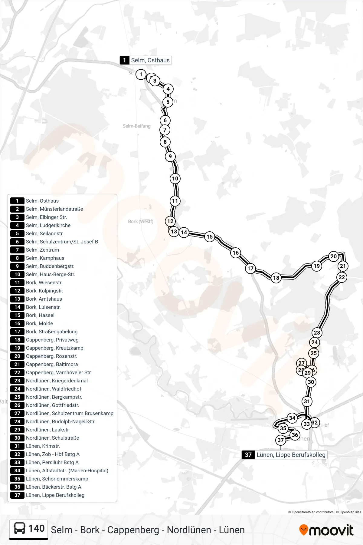 Linie 140 (Bus) Richtung Lünen, Lippe Berufskolleg: Route und Haltestellen auf der Karte
