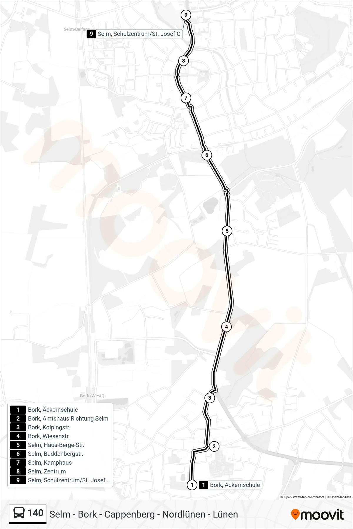 140 bus Line (Selm, Schulzentrum/St. Josef C) route and stops on a map