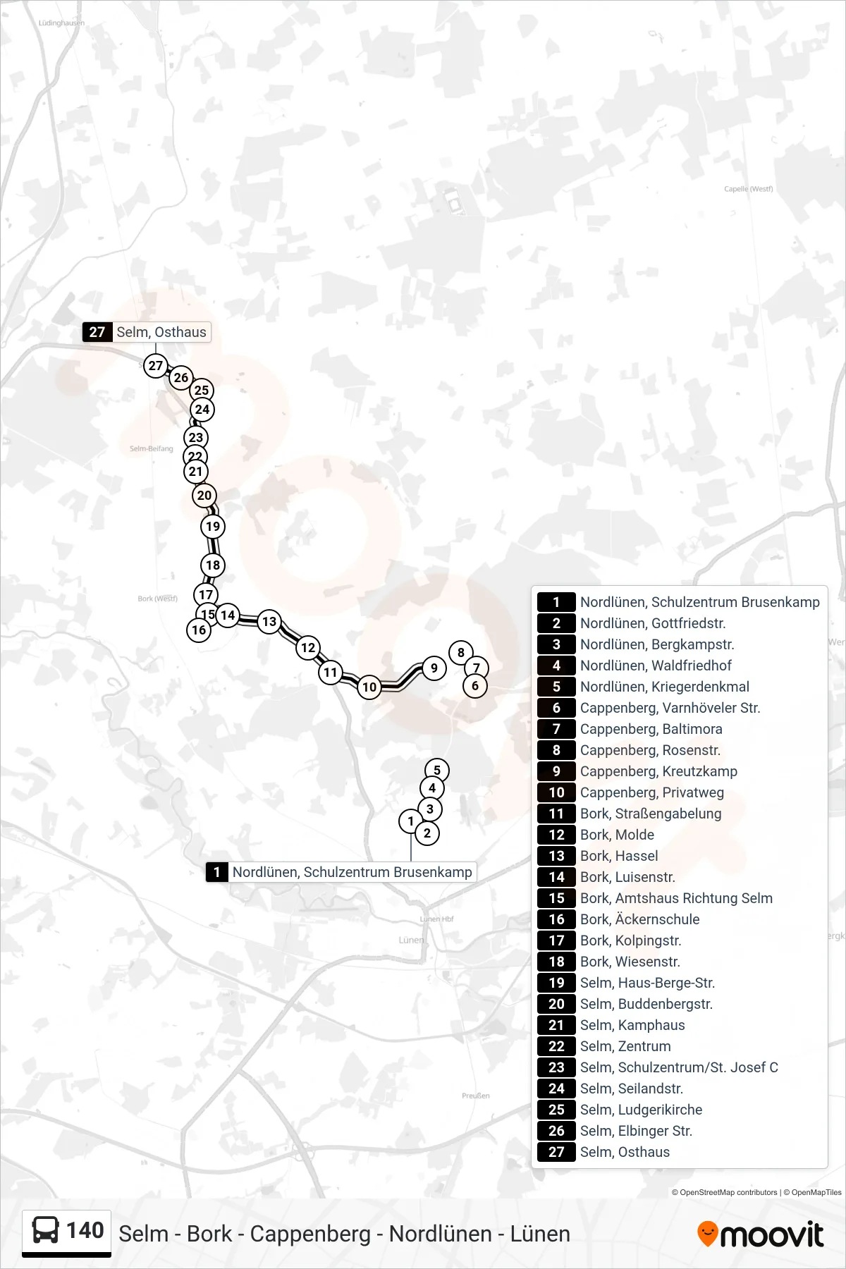 Linie 140 (Bus) Richtung Selm, Osthaus: Route und Haltestellen auf der Karte