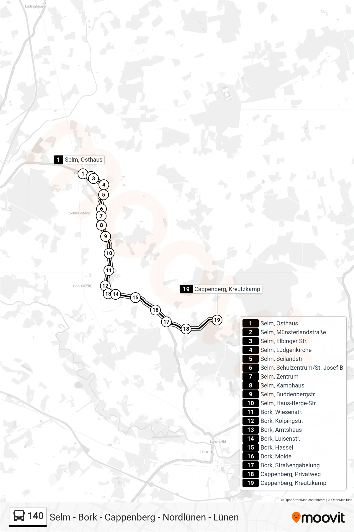140 bus Line (Cappenberg, Kreutzkamp) route and stops on a map