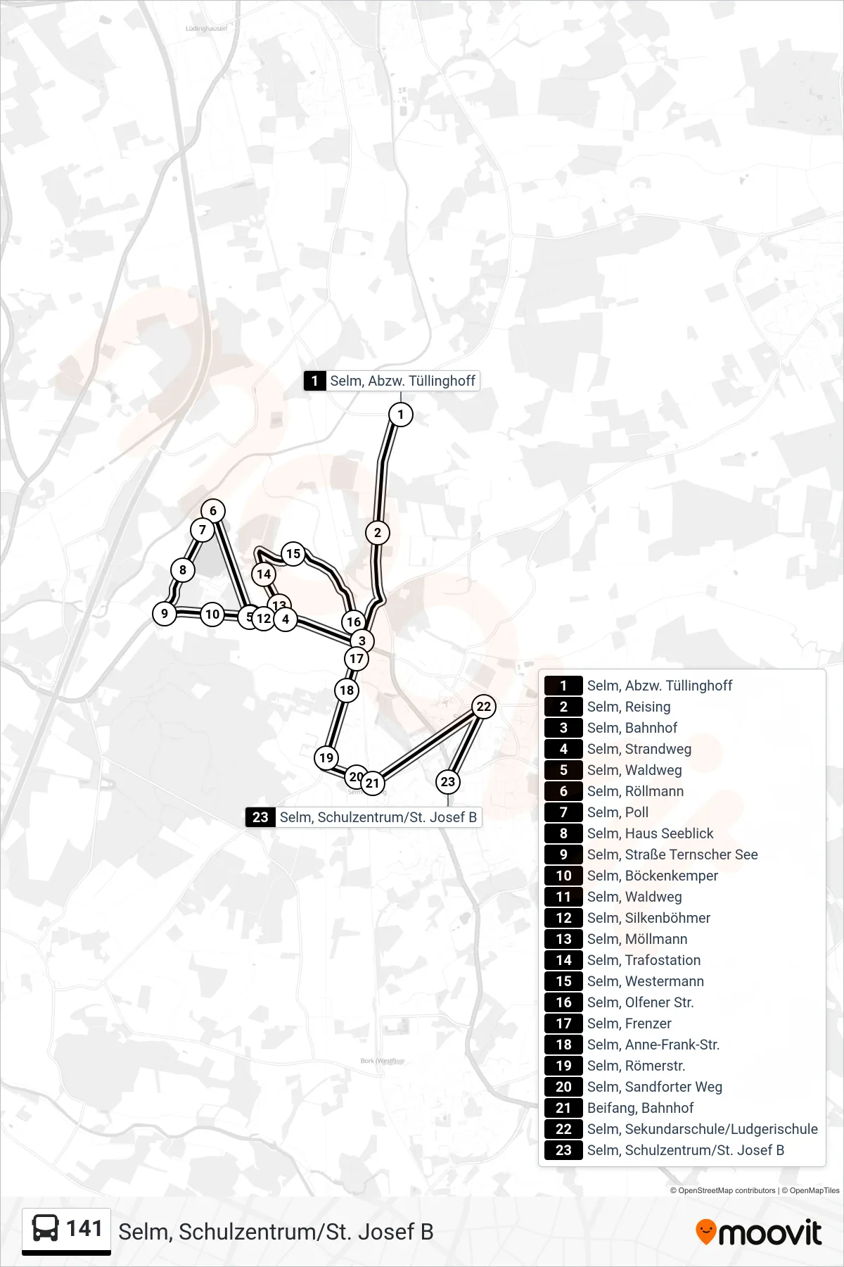 141 bus Line (Selm, Schulzentrum/St. Josef B) route and stops on a map