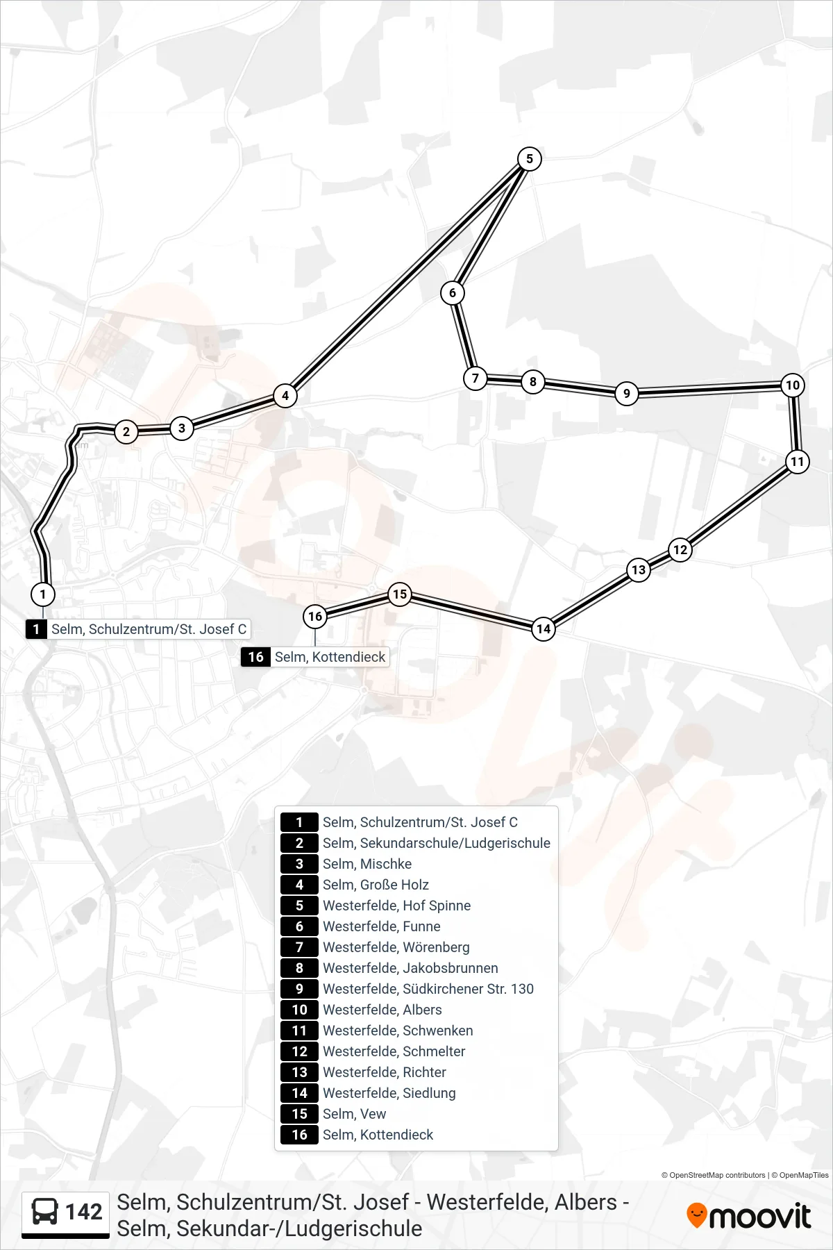 Linie 142 (Bus) Richtung Selm, Kottendieck: Route und Haltestellen auf der Karte