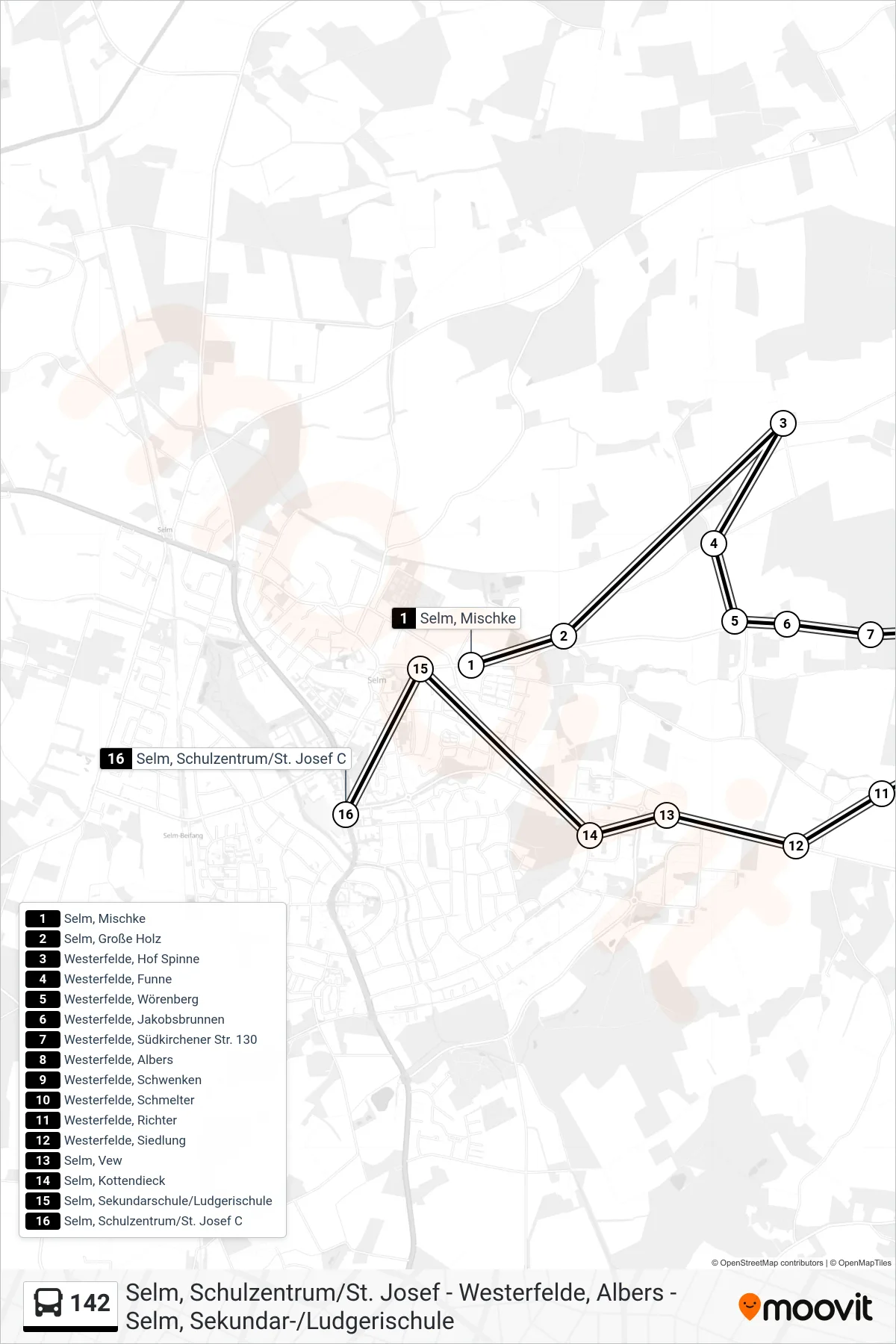 Linie 142 (Bus) Richtung Selm, Schulzentrum/St. Josef C: Route und Haltestellen auf der Karte