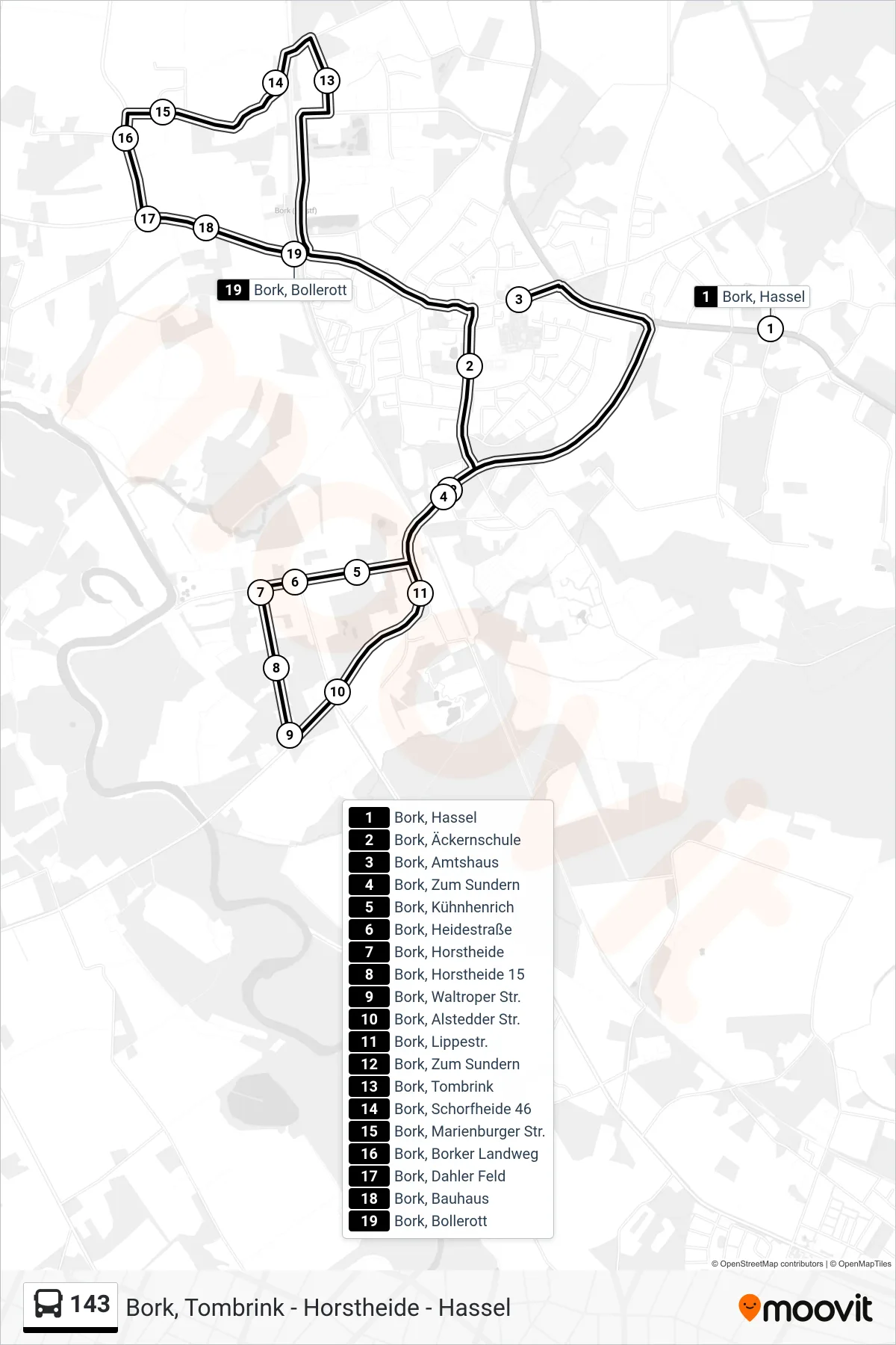 Linie 143 (Bus) Richtung Bork, Bollerott: Route und Haltestellen auf der Karte