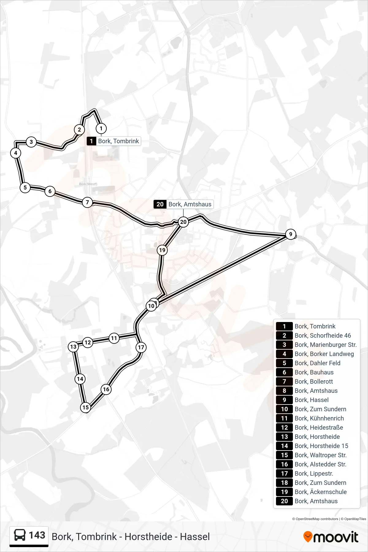 Linie 143 (Bus) Richtung Bork, Amtshaus: Route und Haltestellen auf der Karte