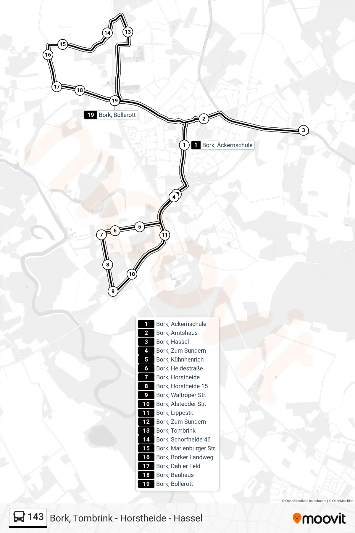 Linie 143 (Bus) Richtung Bork, Hassel: Route und Haltestellen auf der Karte