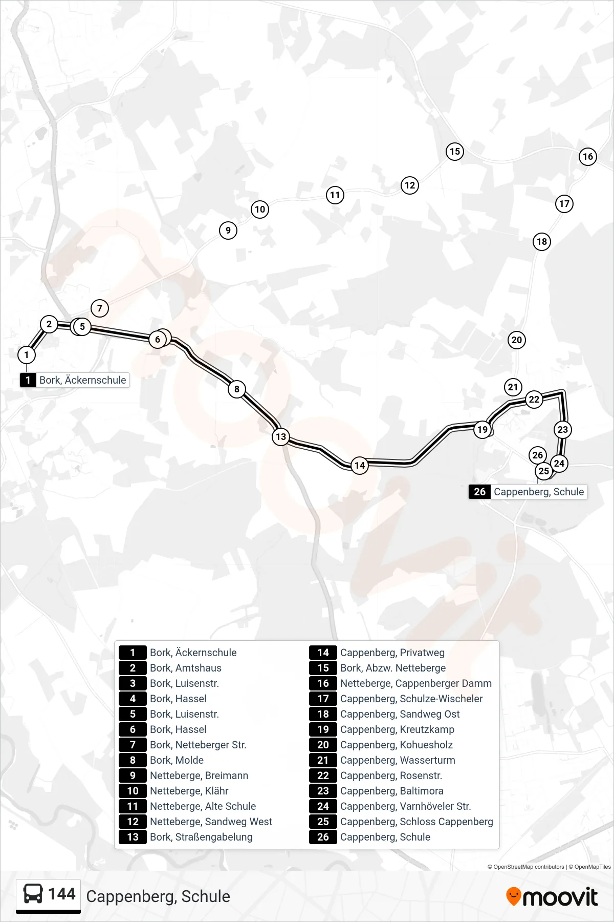 144 bus Line (Cappenberg, Schule) route and stops on a map
