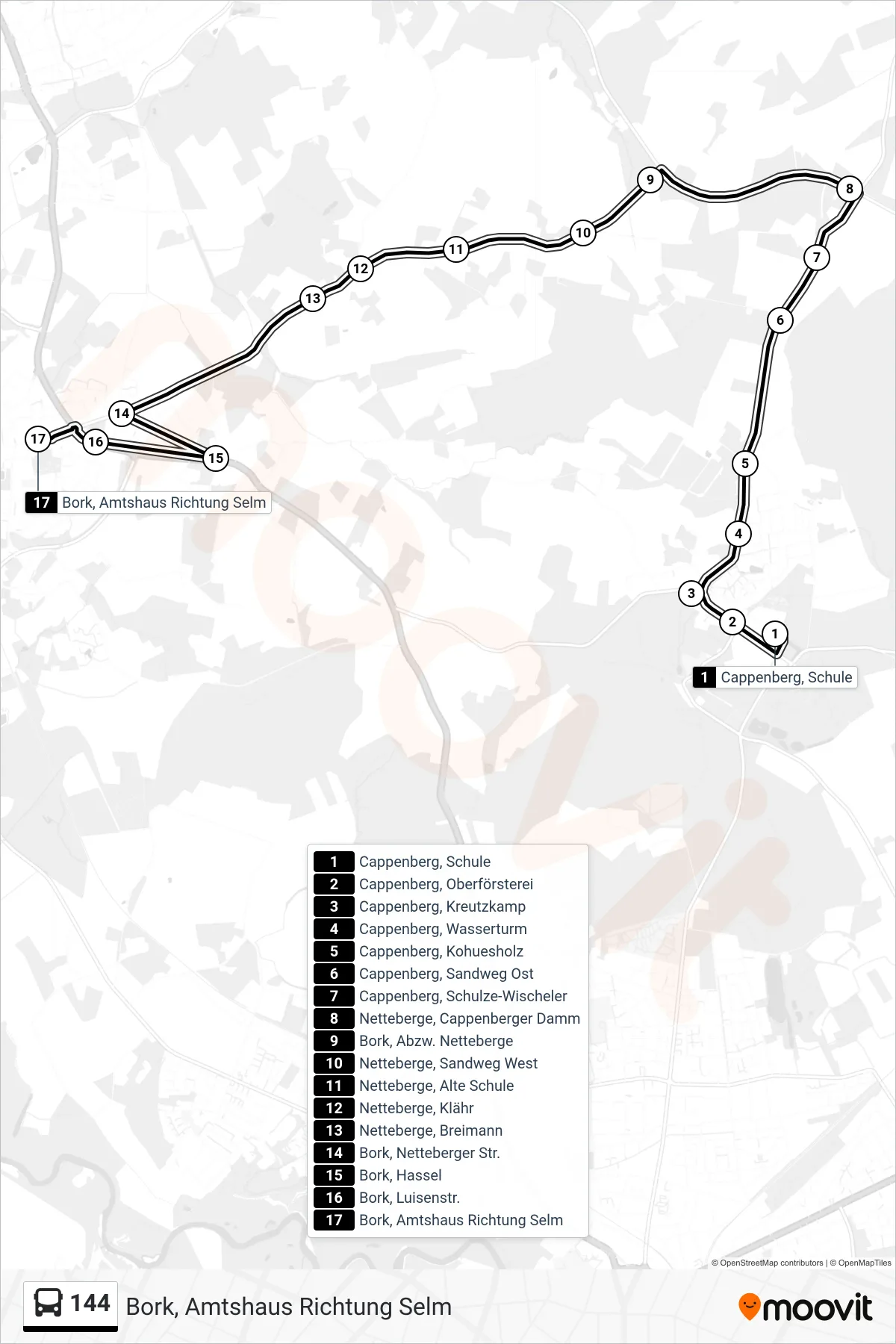 Linie 144 (Bus) Richtung Bork, Amtshaus Richtung Selm: Route und Haltestellen auf der Karte