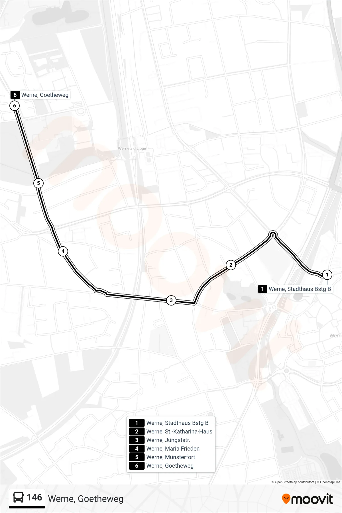 146 bus Line (Werne, Goetheweg) route and stops on a map