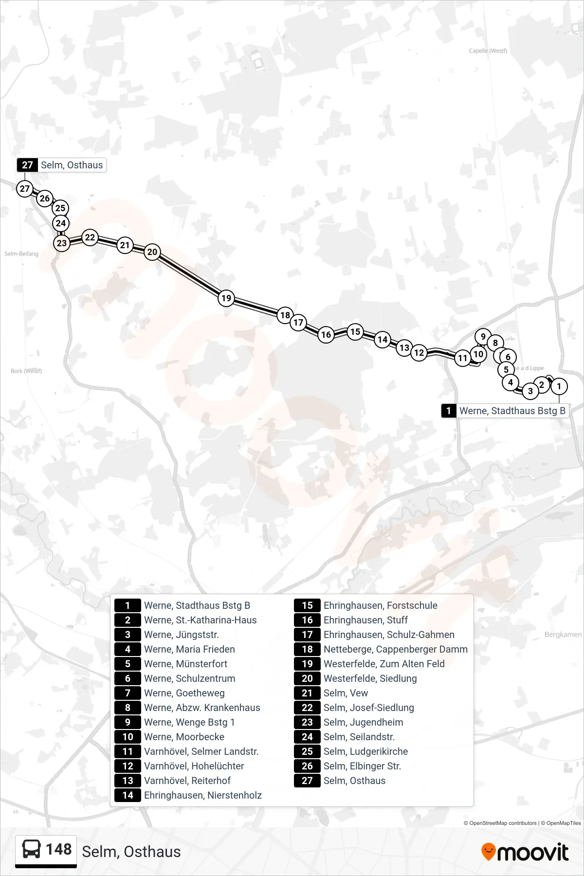 Linie 148 (Bus) Richtung Selm, Osthaus: Route und Haltestellen auf der Karte