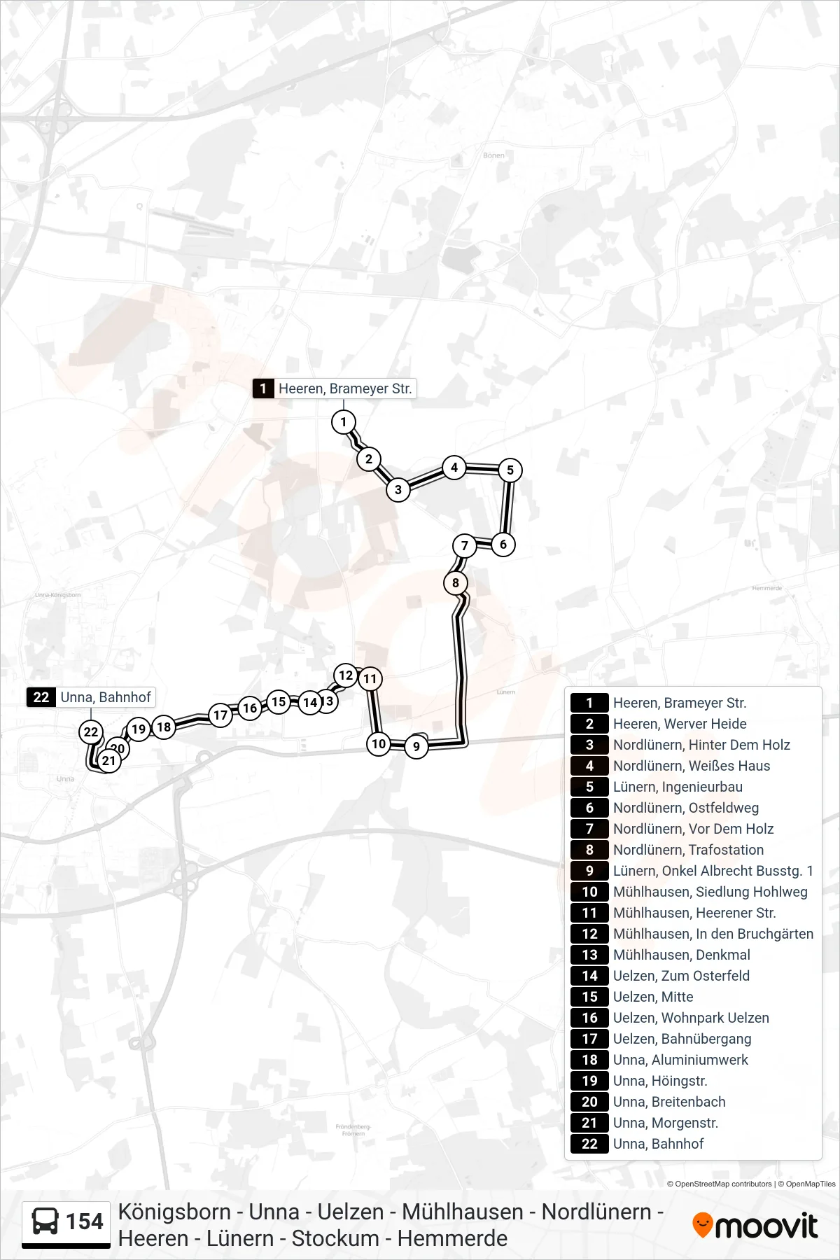 Linie 154 (Bus) Richtung Unna, Bahnhof B: Route und Haltestellen auf der Karte
