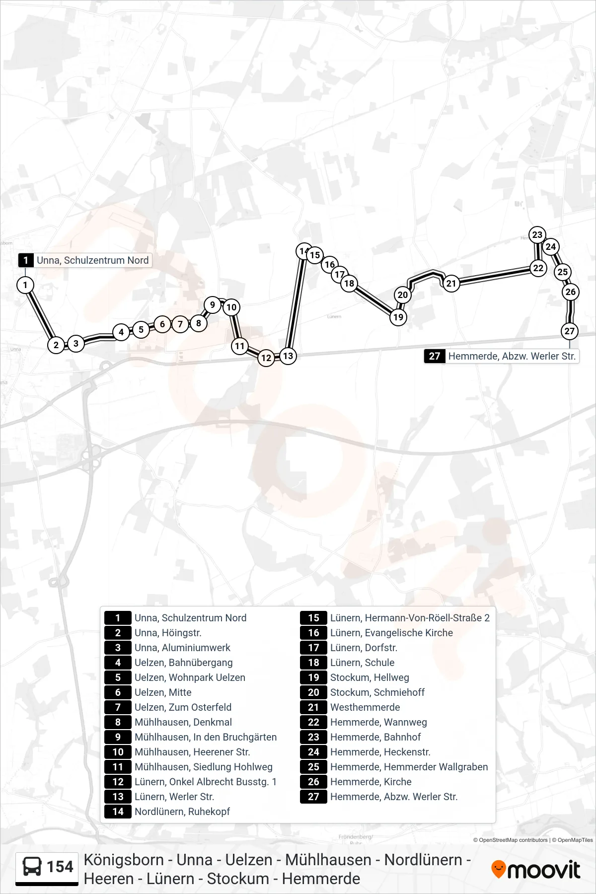 Linie 154 (Bus) Richtung Hemmerde, Abzw. Werler Str.: Route und Haltestellen auf der Karte